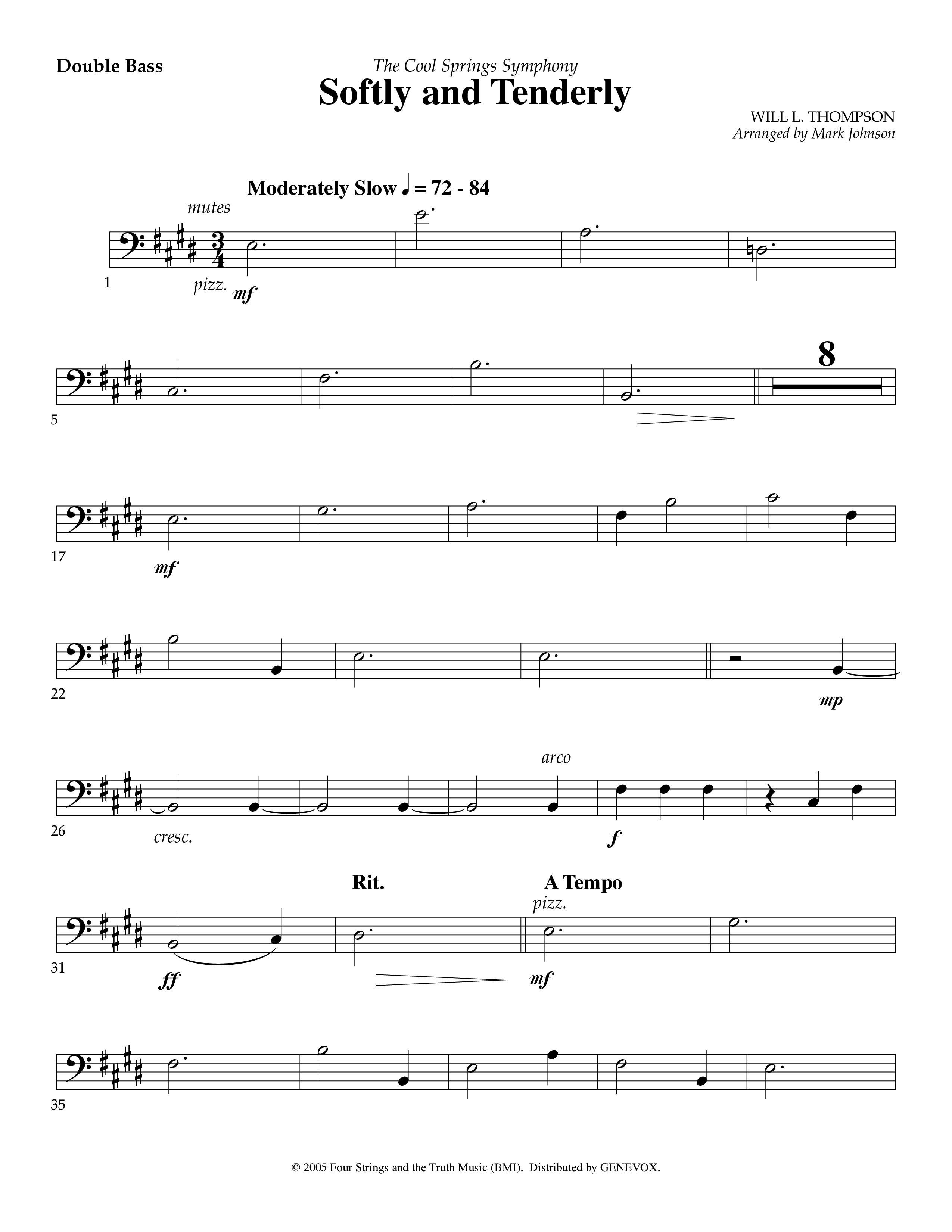Softly And Tenderly (Instrumental) Double Bass (Lifeway Worship / Arr. Mark Johnson)