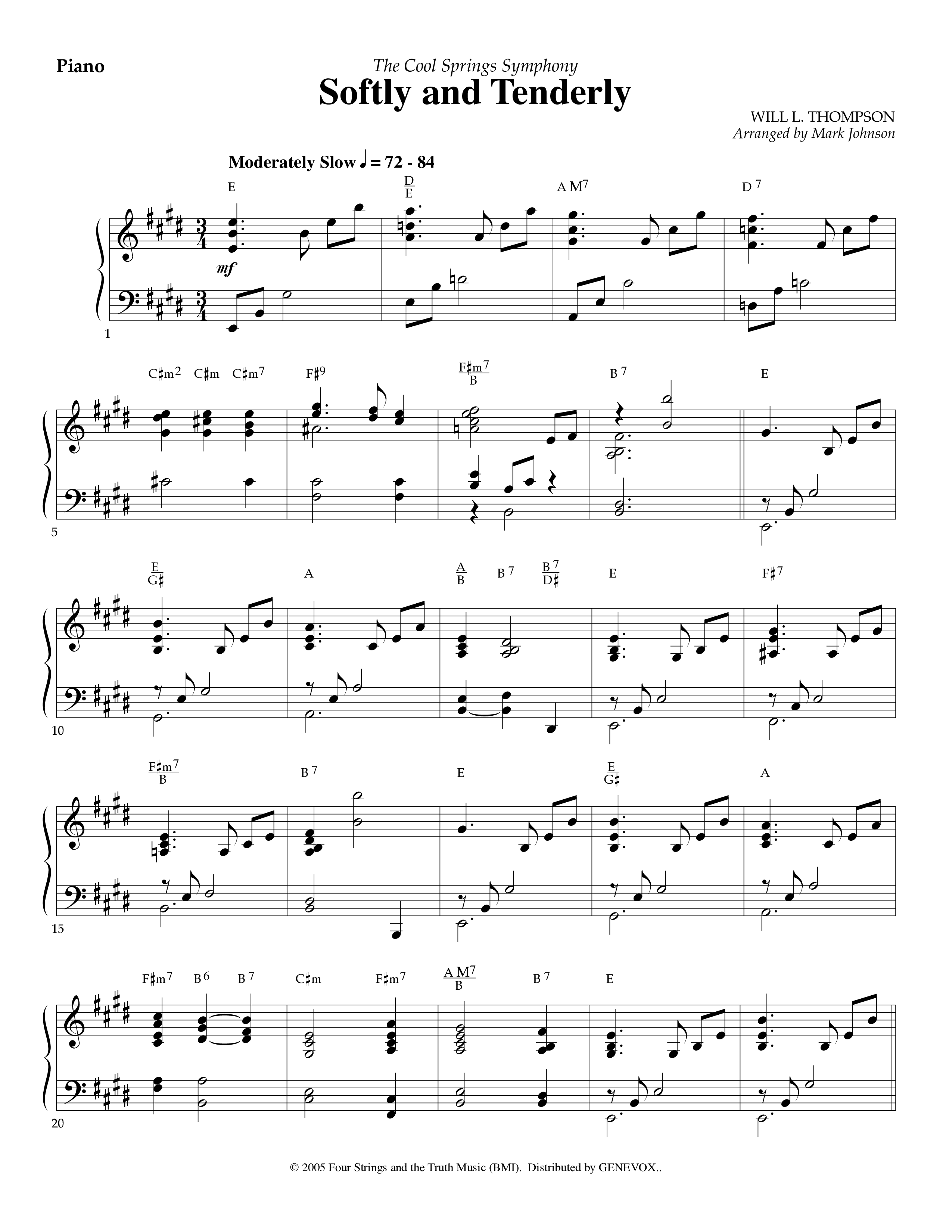 Softly And Tenderly (Instrumental) Piano Sheet (Lifeway Worship / Arr. Mark Johnson)