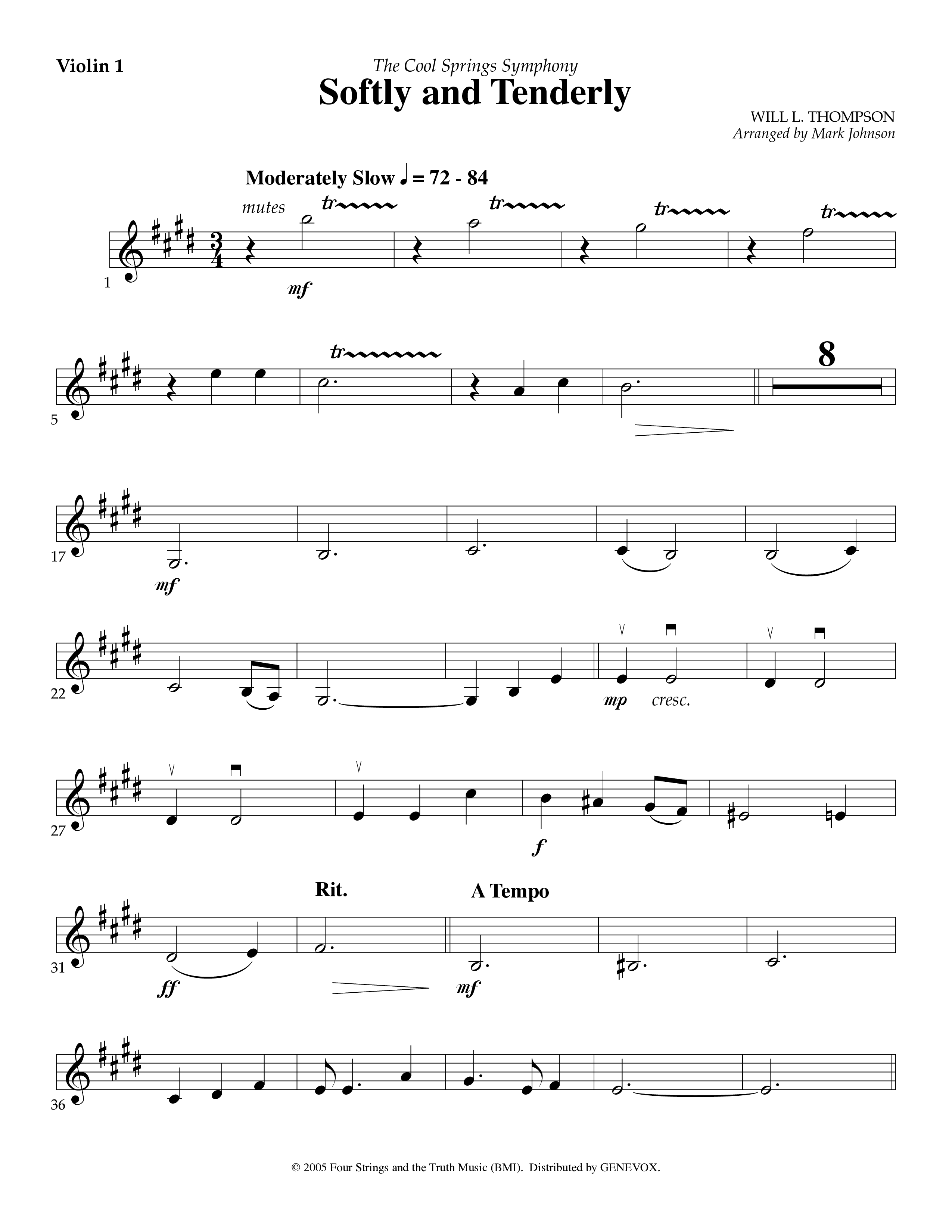 Softly And Tenderly (Instrumental) Violin 1 (Lifeway Worship / Arr. Mark Johnson)