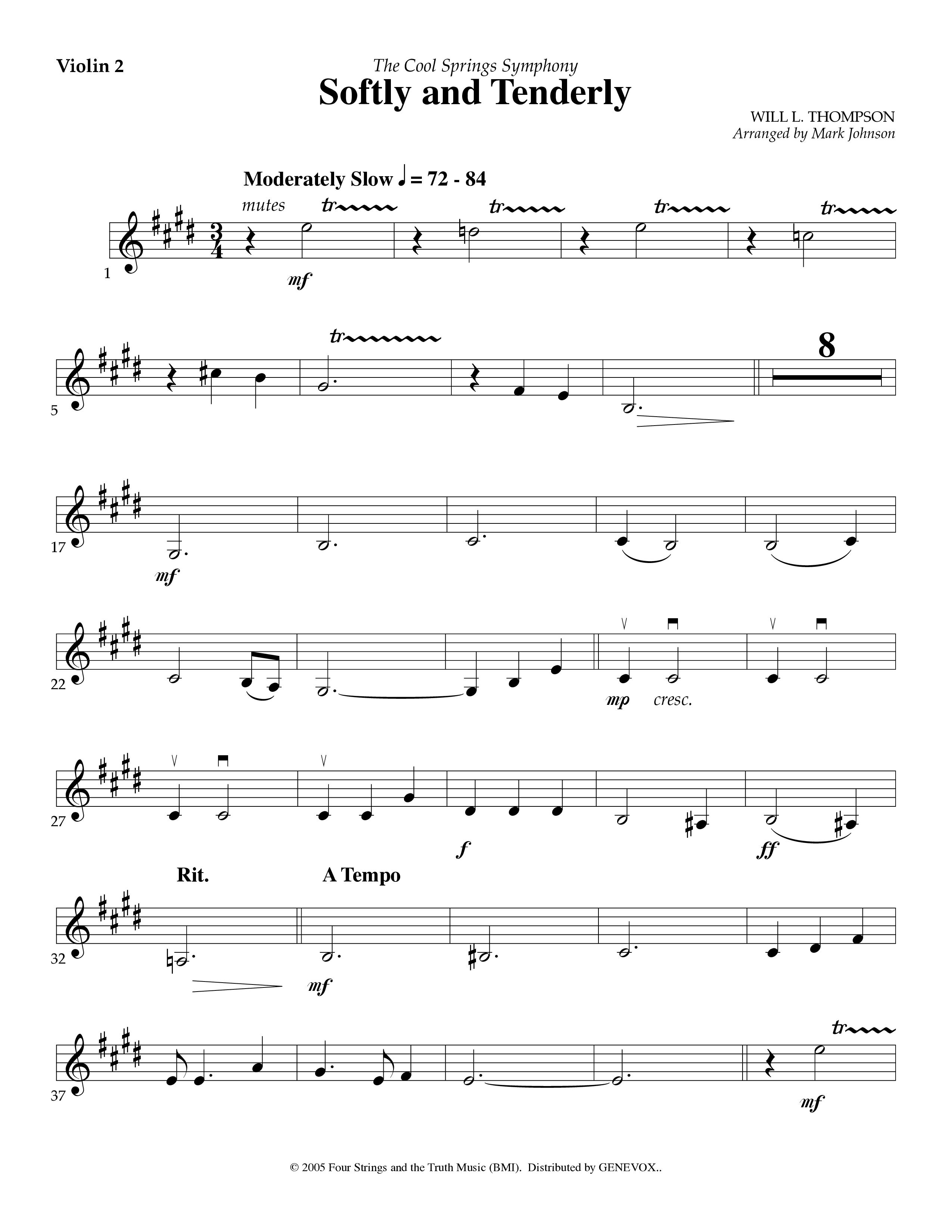 Softly And Tenderly (Instrumental) Violin 2 (Lifeway Worship / Arr. Mark Johnson)