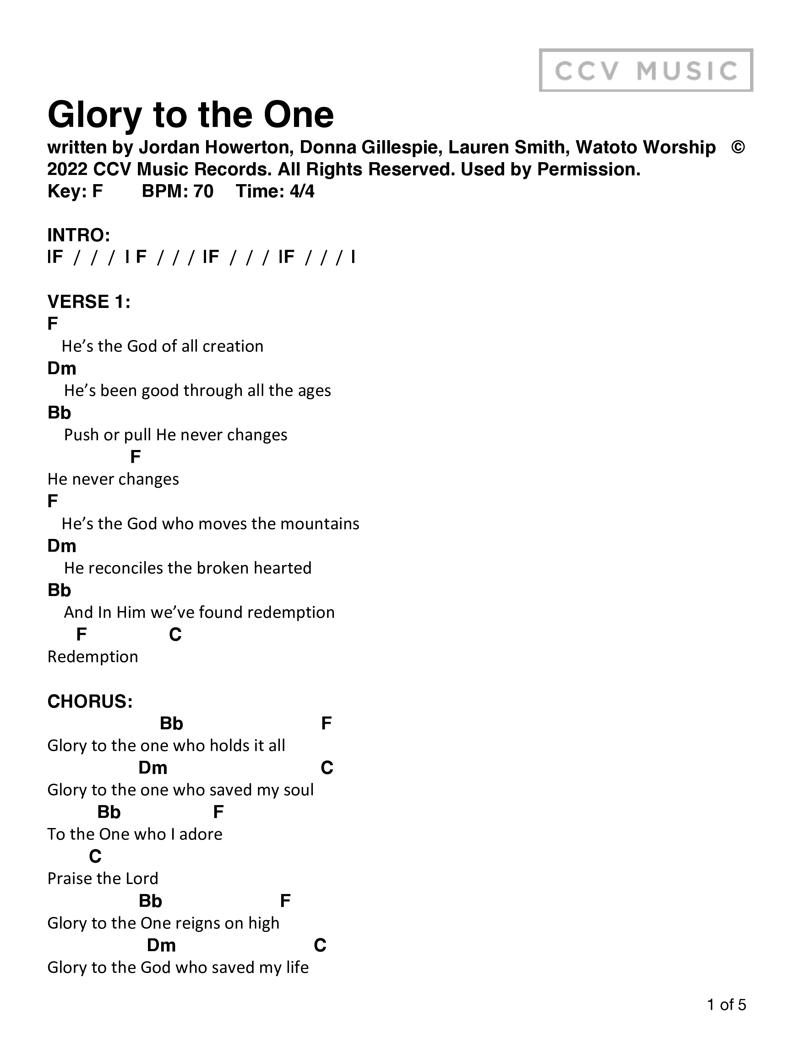Glory To The One (Live) Chord Chart (CCV Music)