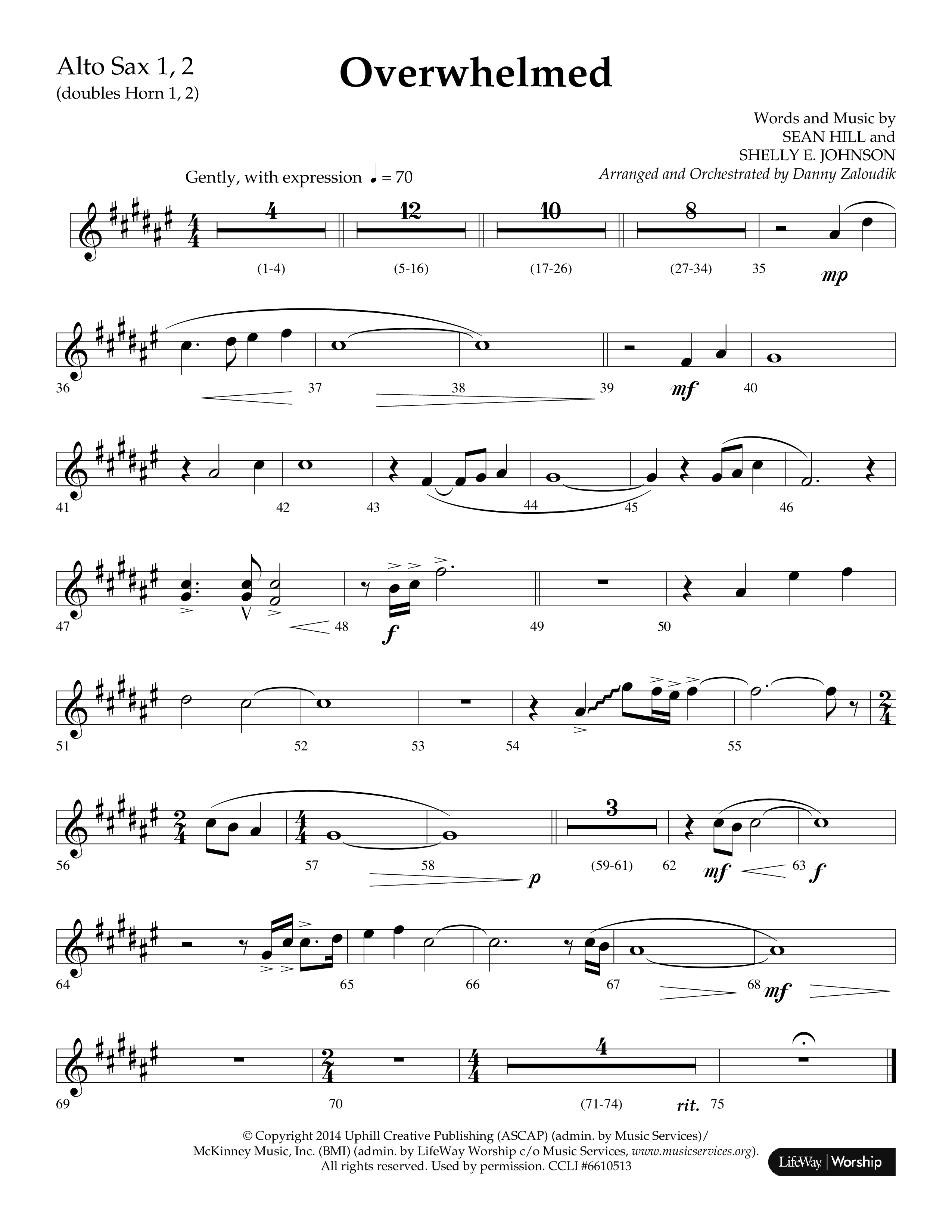 Overwhelmed (Choral Anthem SATB) Alto Sax 1/2 (Lifeway Choral / Arr. Danny Zaloudik)