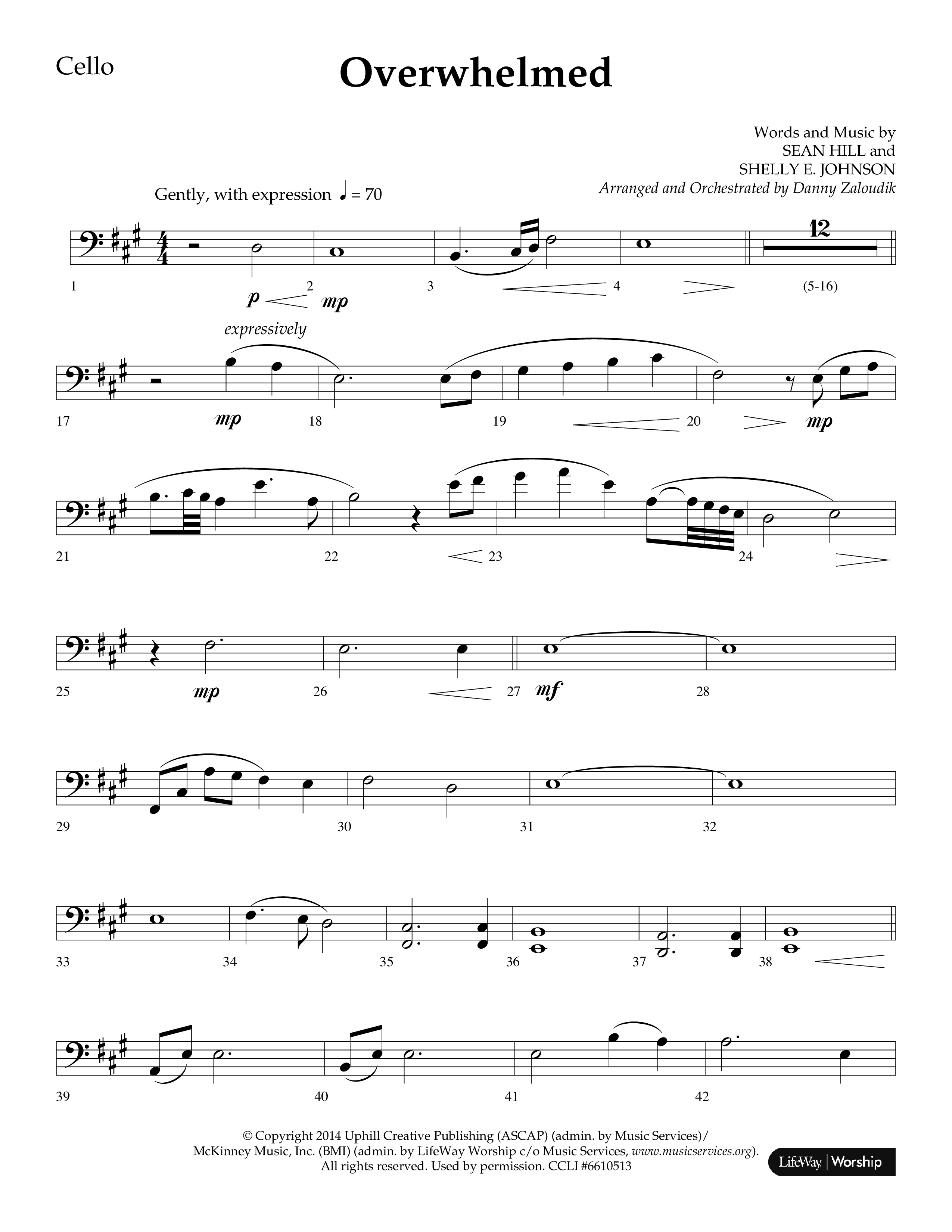 Overwhelmed (Choral Anthem SATB) Cello (Lifeway Choral / Arr. Danny Zaloudik)