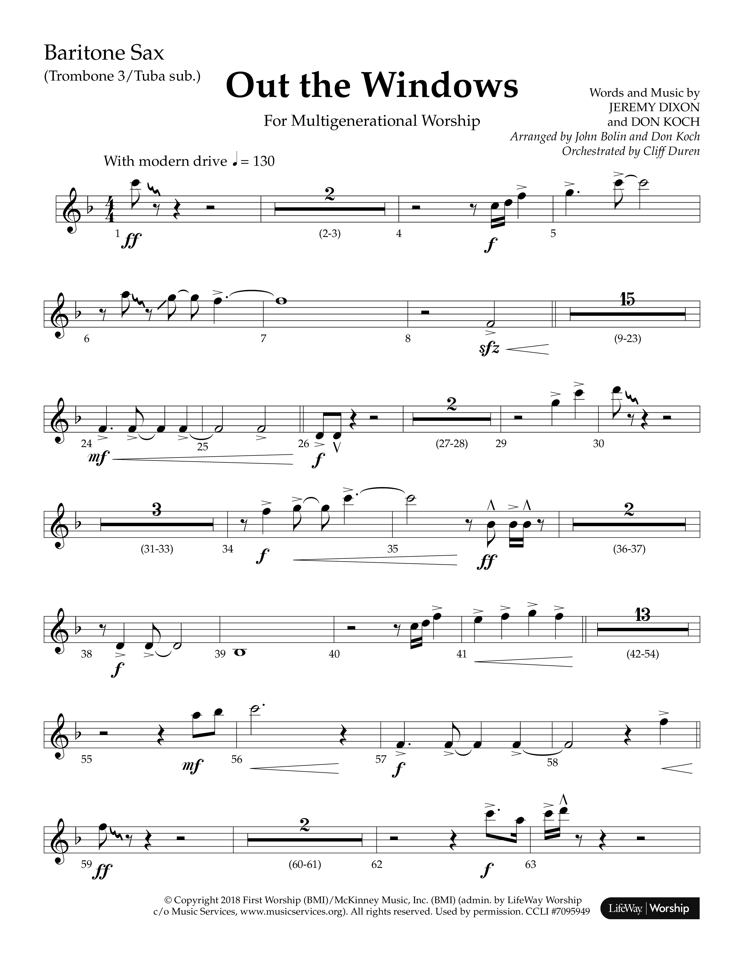 Out The Windows (Choral Anthem SATB) Bari Sax (Lifeway Choral / Arr. John Bolin / Arr. Don Koch / Orch. Cliff Duren)