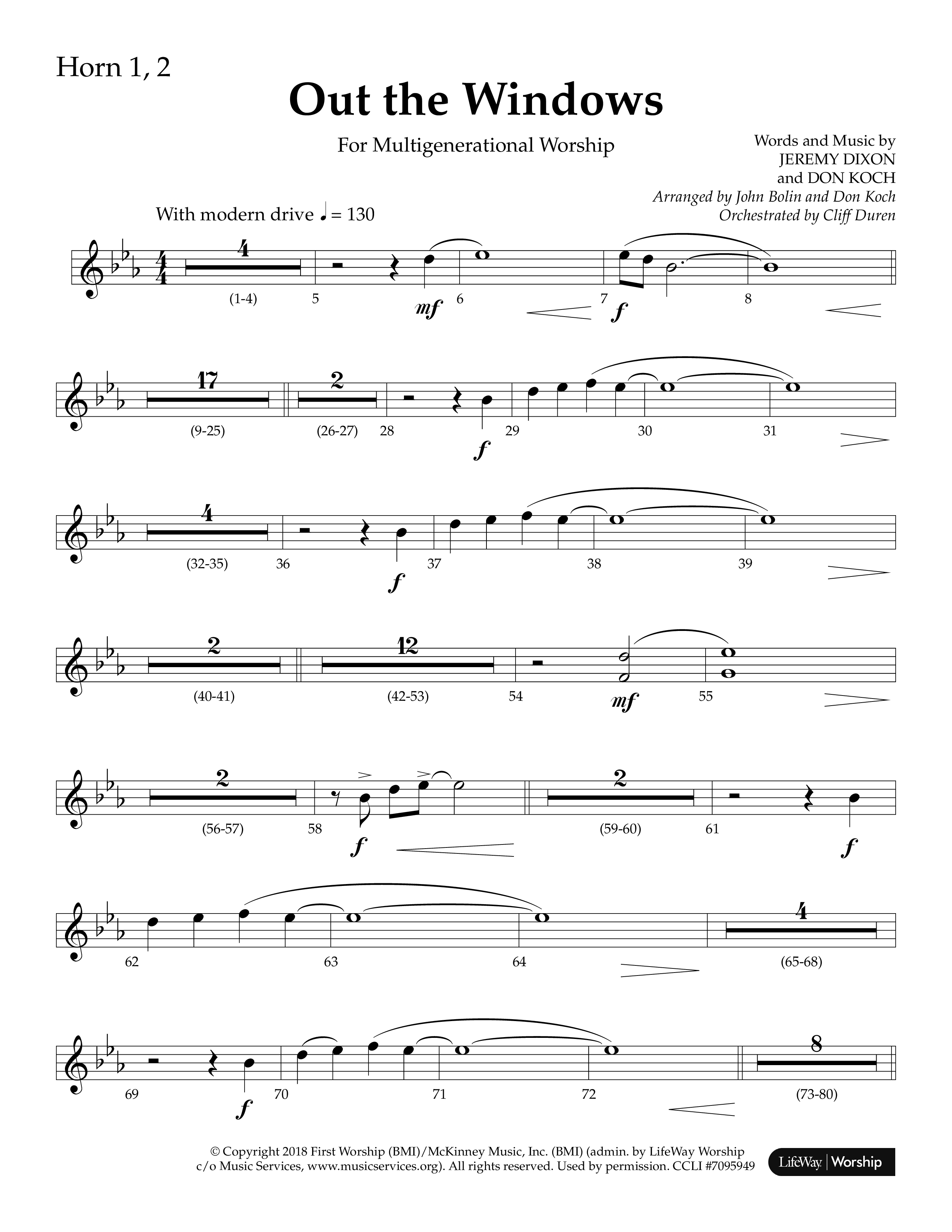 Out The Windows (Choral Anthem SATB) French Horn 1/2 (Lifeway Choral / Arr. John Bolin / Arr. Don Koch / Orch. Cliff Duren)