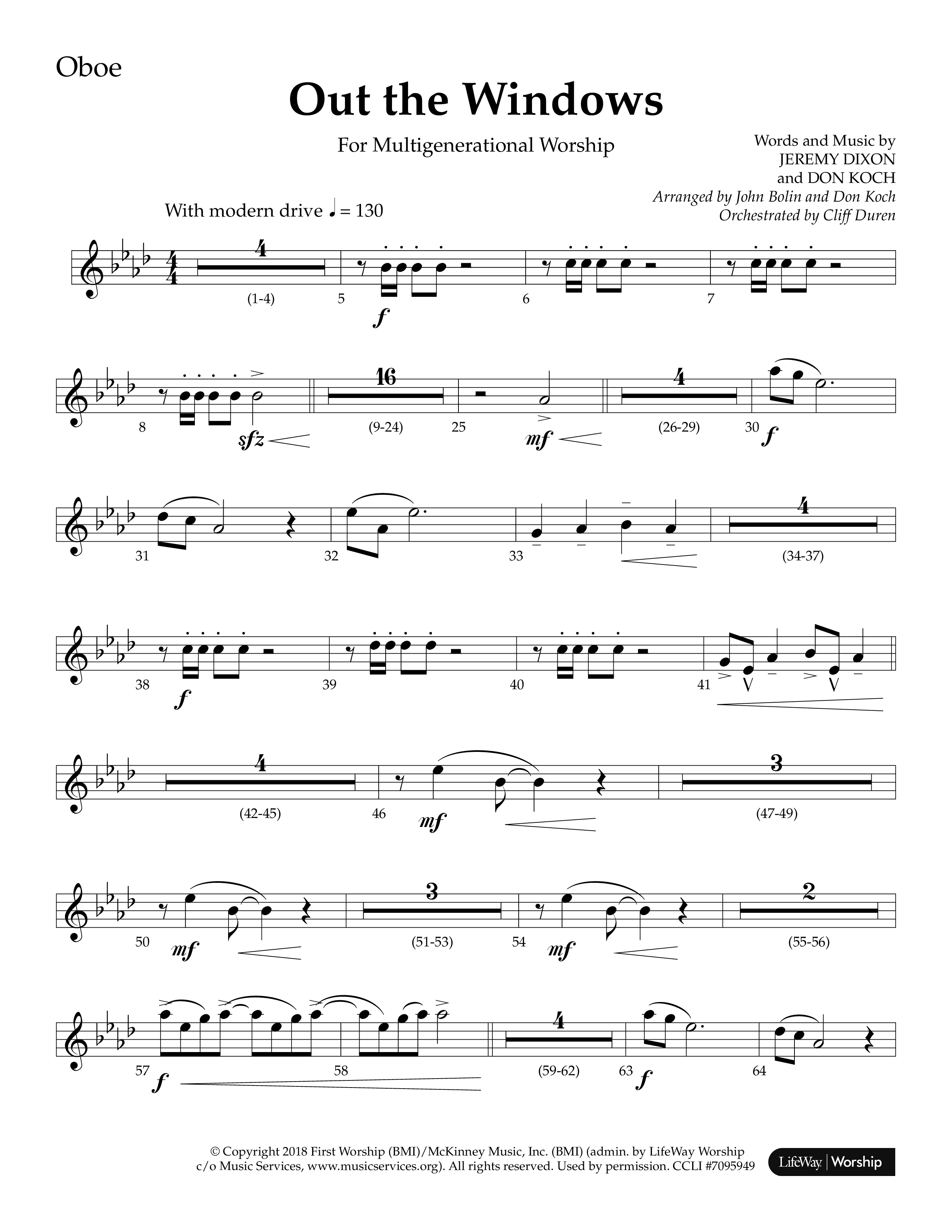 Out The Windows (Choral Anthem SATB) Oboe (Lifeway Choral / Arr. John Bolin / Arr. Don Koch / Orch. Cliff Duren)