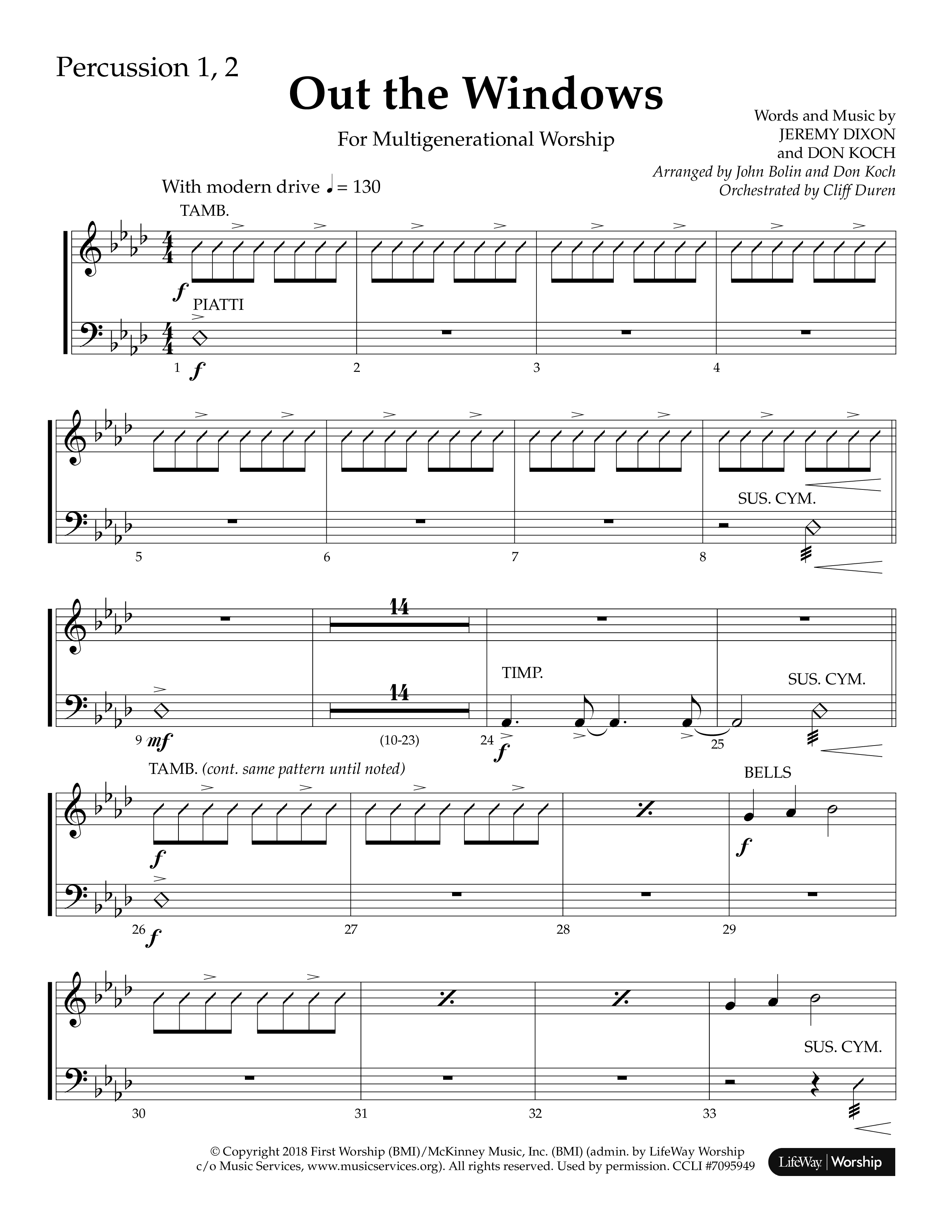Out The Windows (Choral Anthem SATB) Percussion 1/2 (Lifeway Choral / Arr. John Bolin / Arr. Don Koch / Orch. Cliff Duren)