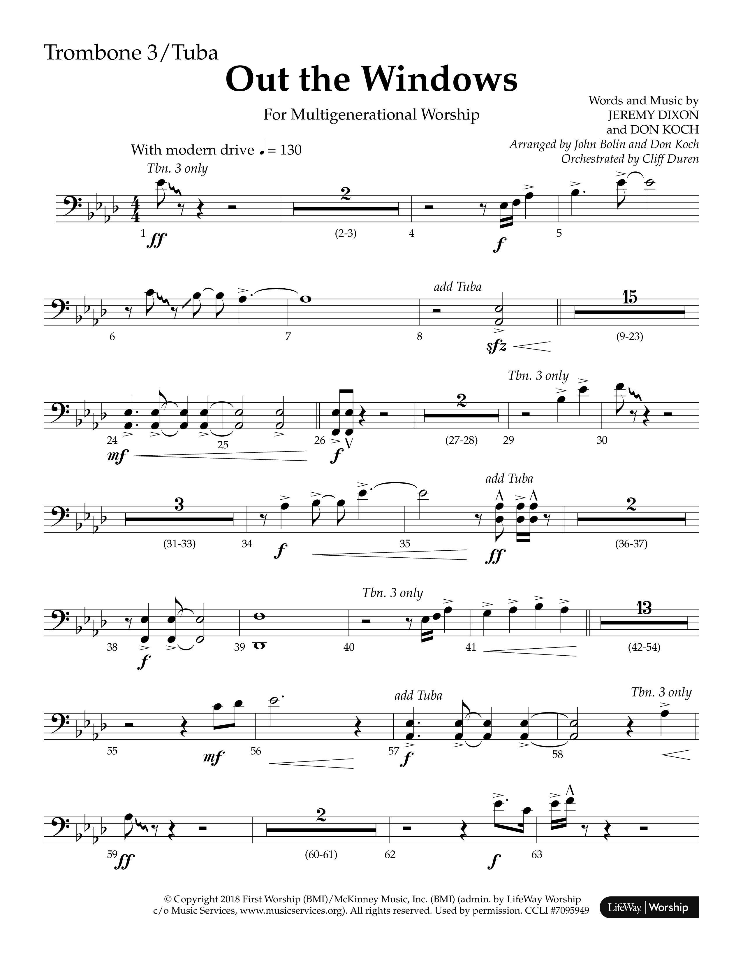 Out The Windows (Choral Anthem SATB) Trombone 3/Tuba (Lifeway Choral / Arr. John Bolin / Arr. Don Koch / Orch. Cliff Duren)