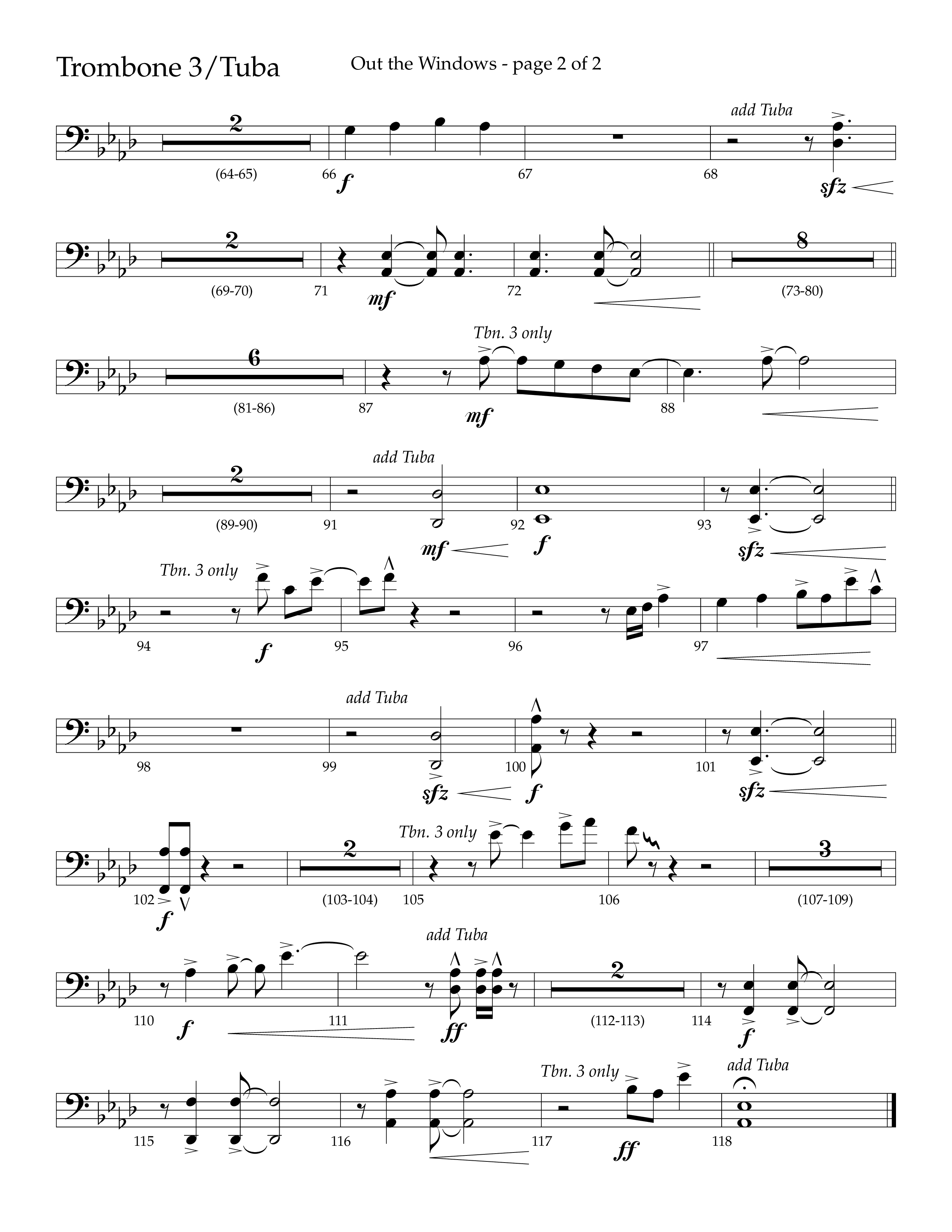 Out The Windows (Choral Anthem SATB) Trombone 3/Tuba (Lifeway Choral / Arr. John Bolin / Arr. Don Koch / Orch. Cliff Duren)