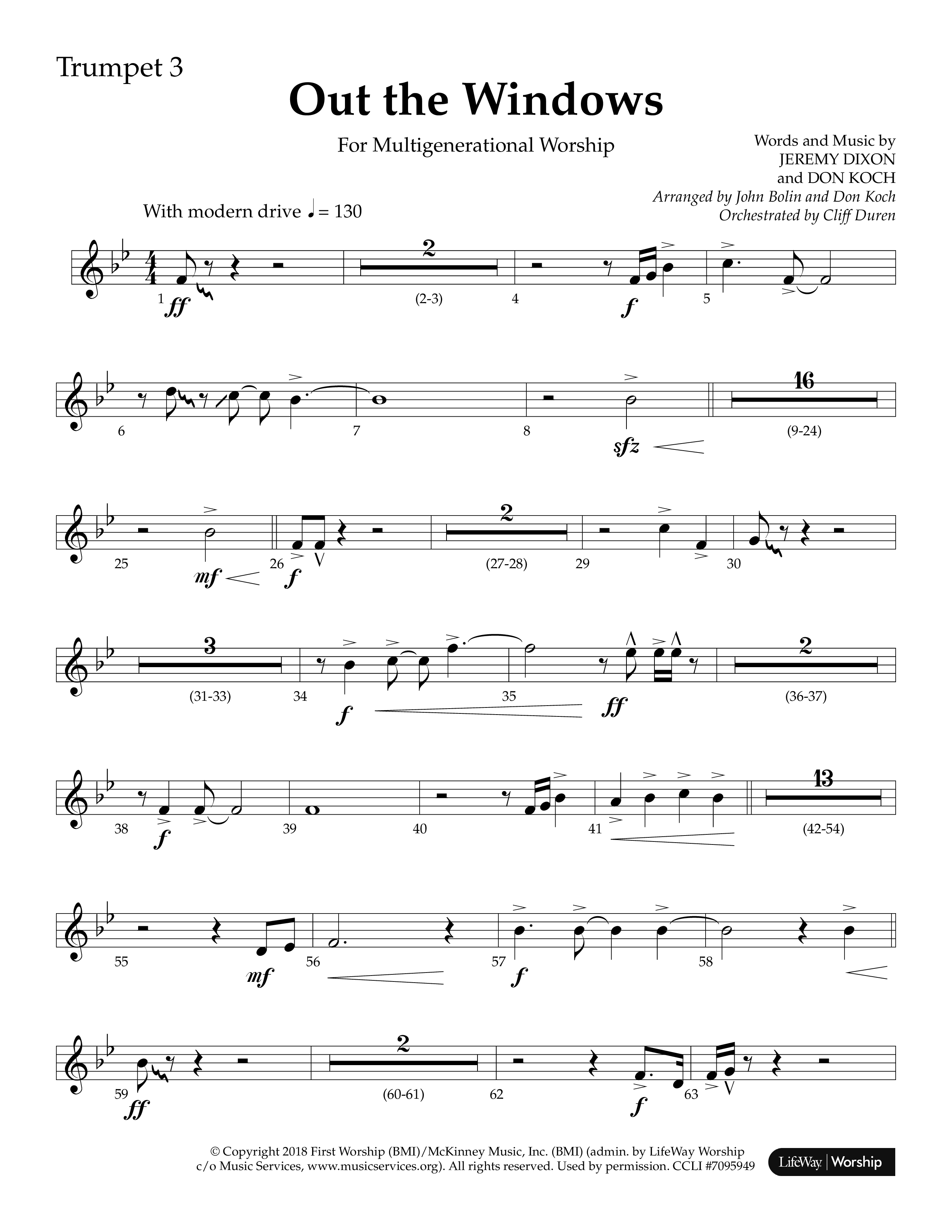 Out The Windows (Choral Anthem SATB) Trumpet 3 (Lifeway Choral / Arr. John Bolin / Arr. Don Koch / Orch. Cliff Duren)