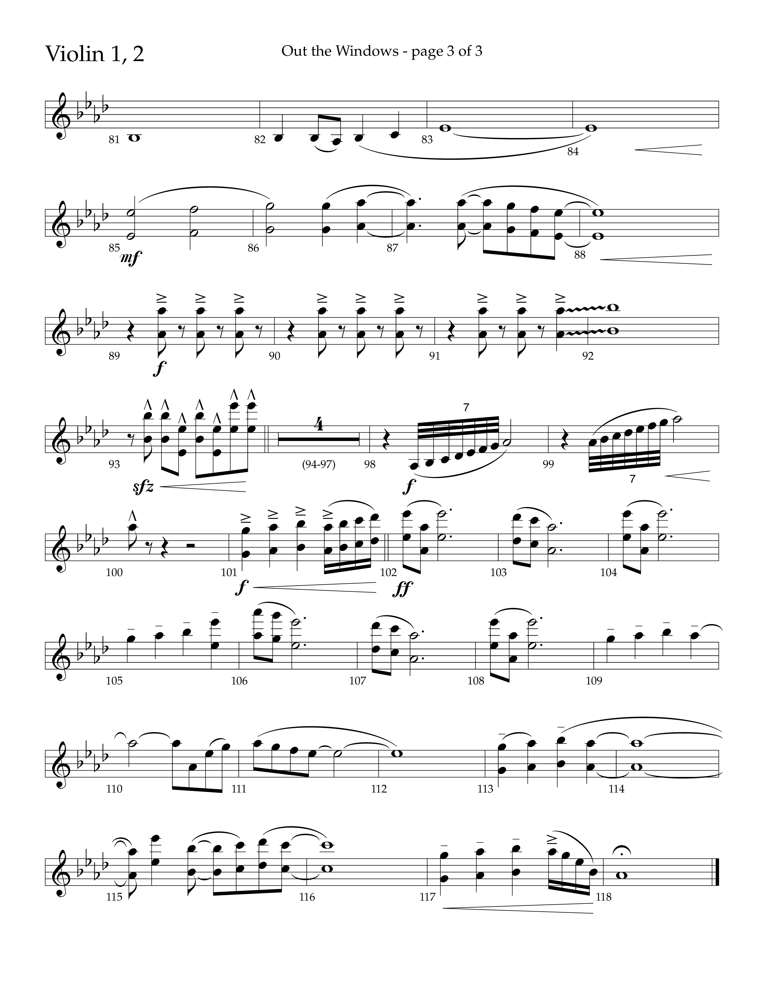 Out The Windows (Choral Anthem SATB) Violin 1/2 (Lifeway Choral / Arr. John Bolin / Arr. Don Koch / Orch. Cliff Duren)