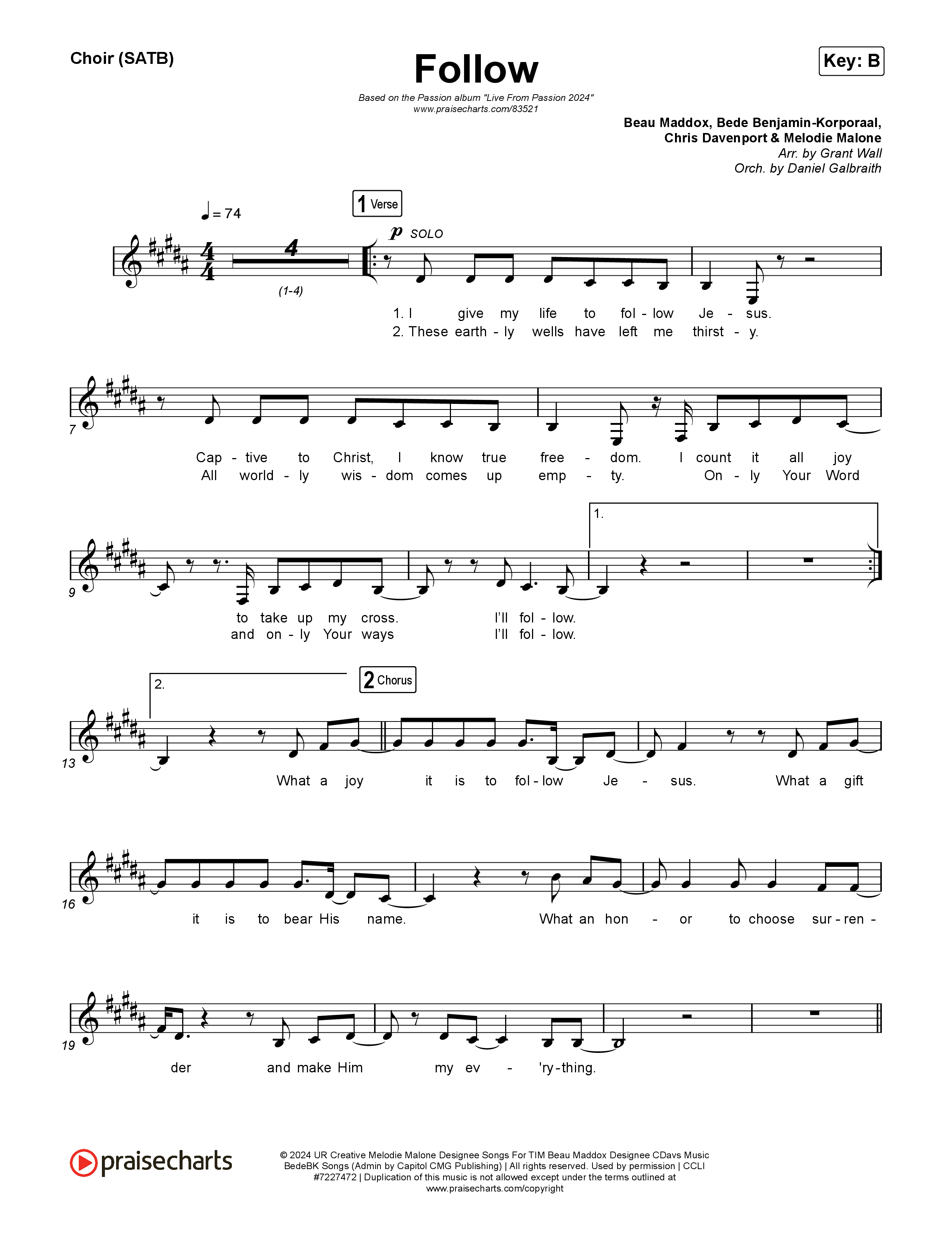 Follow (Live From Passion 2024) Choir Sheet (SATB) (Passion / Melodie Malone)