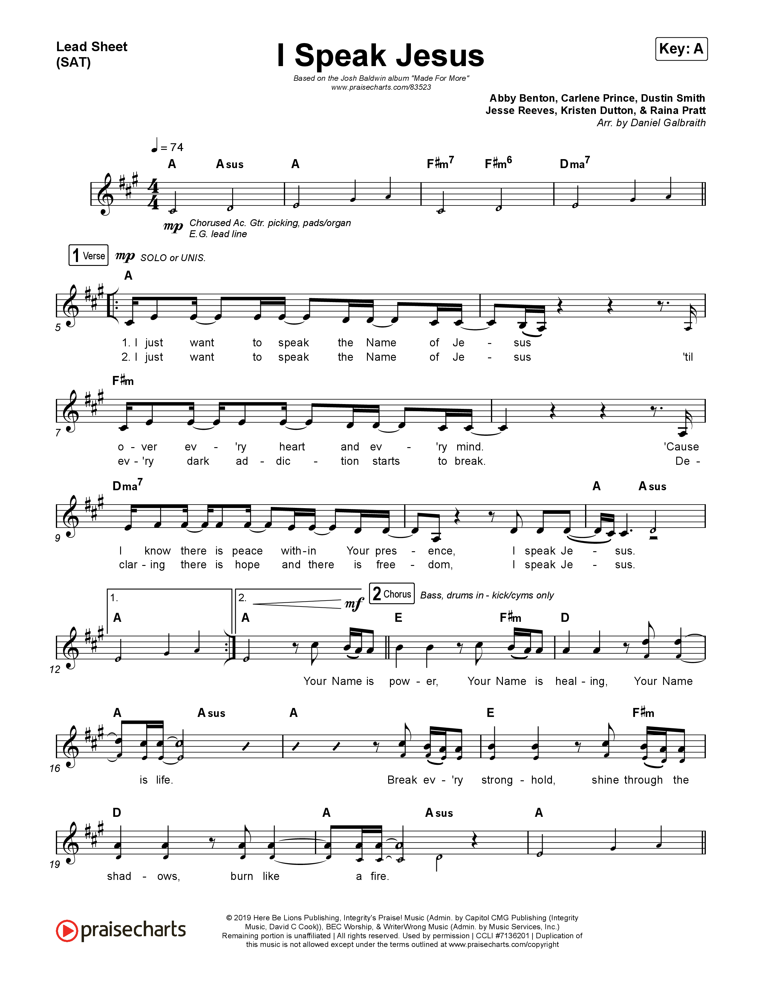 I Speak Jesus (Live) Lead Sheet (SAT) (Josh Baldwin)