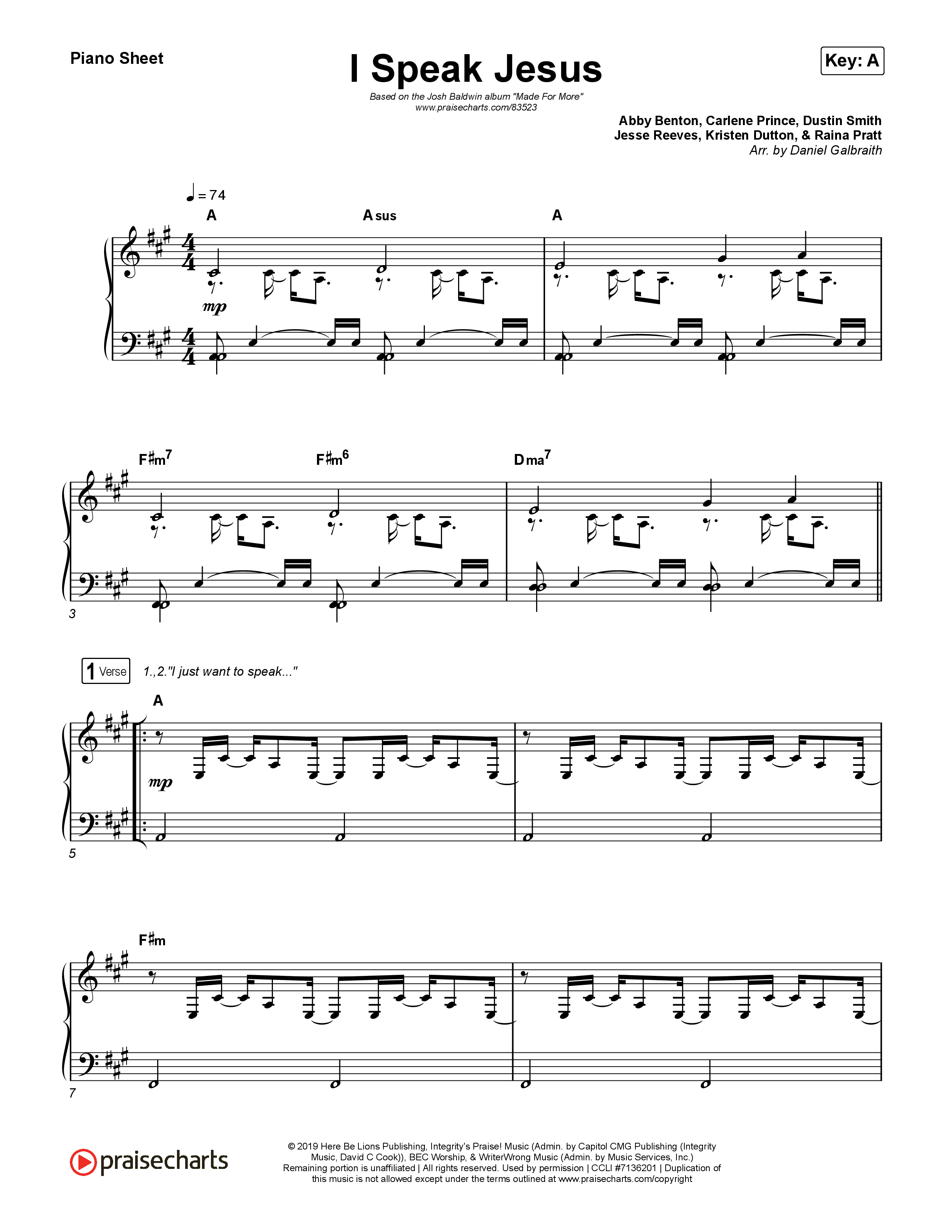 I Speak Jesus (Live) Piano Sheet (Josh Baldwin)