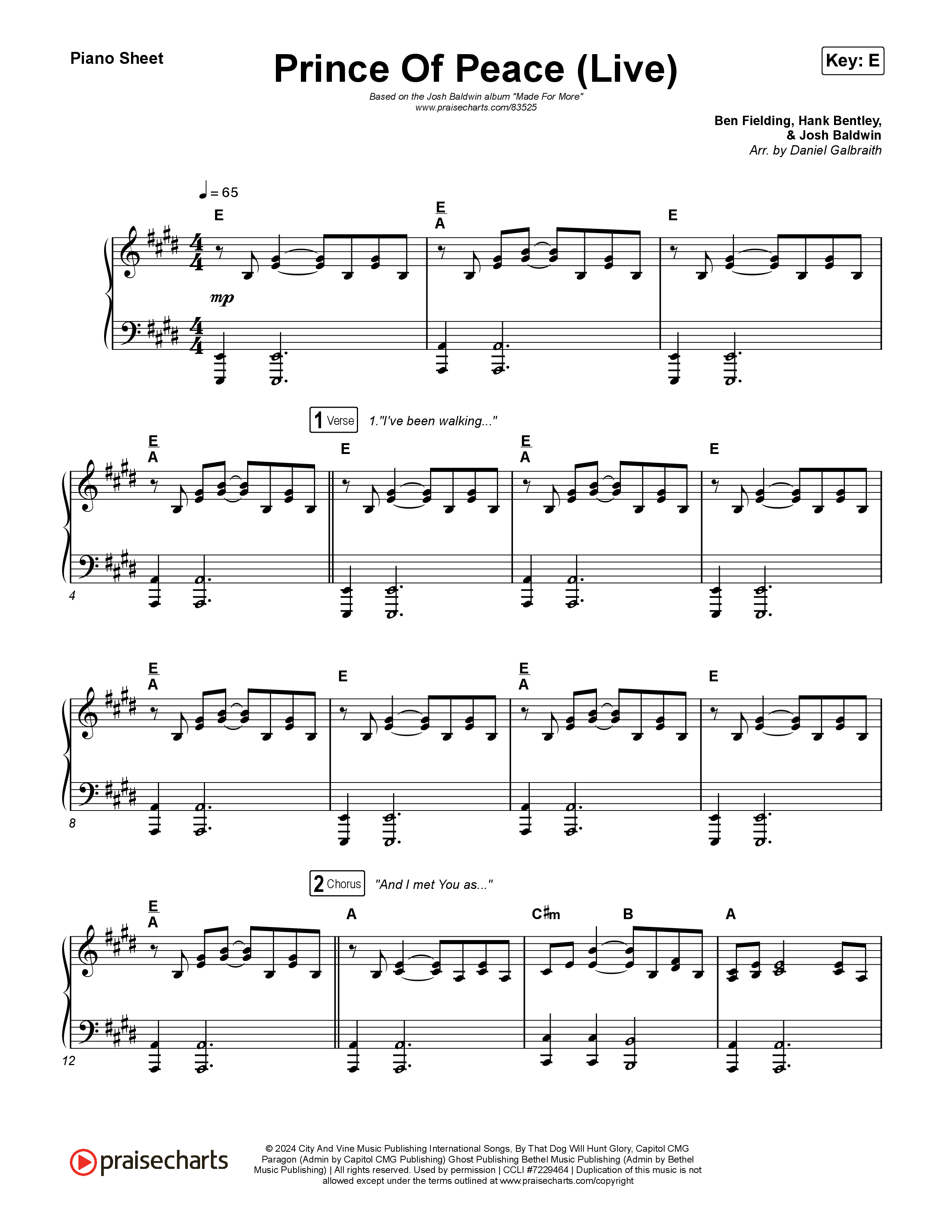 Prince Of Peace (Live) Piano Sheet (Josh Baldwin)