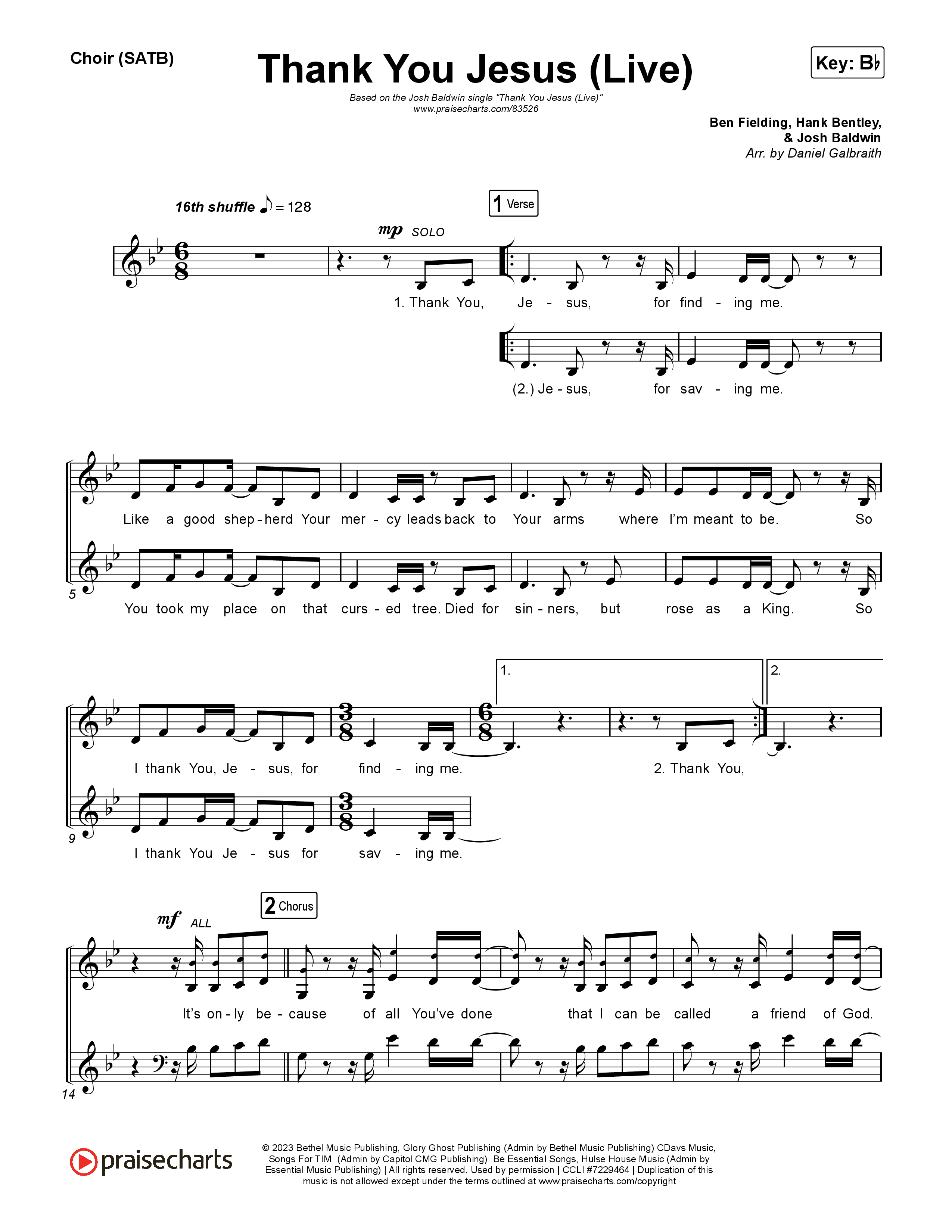 Thank You Jesus (Live) Choir Sheet (SATB) (Josh Baldwin)