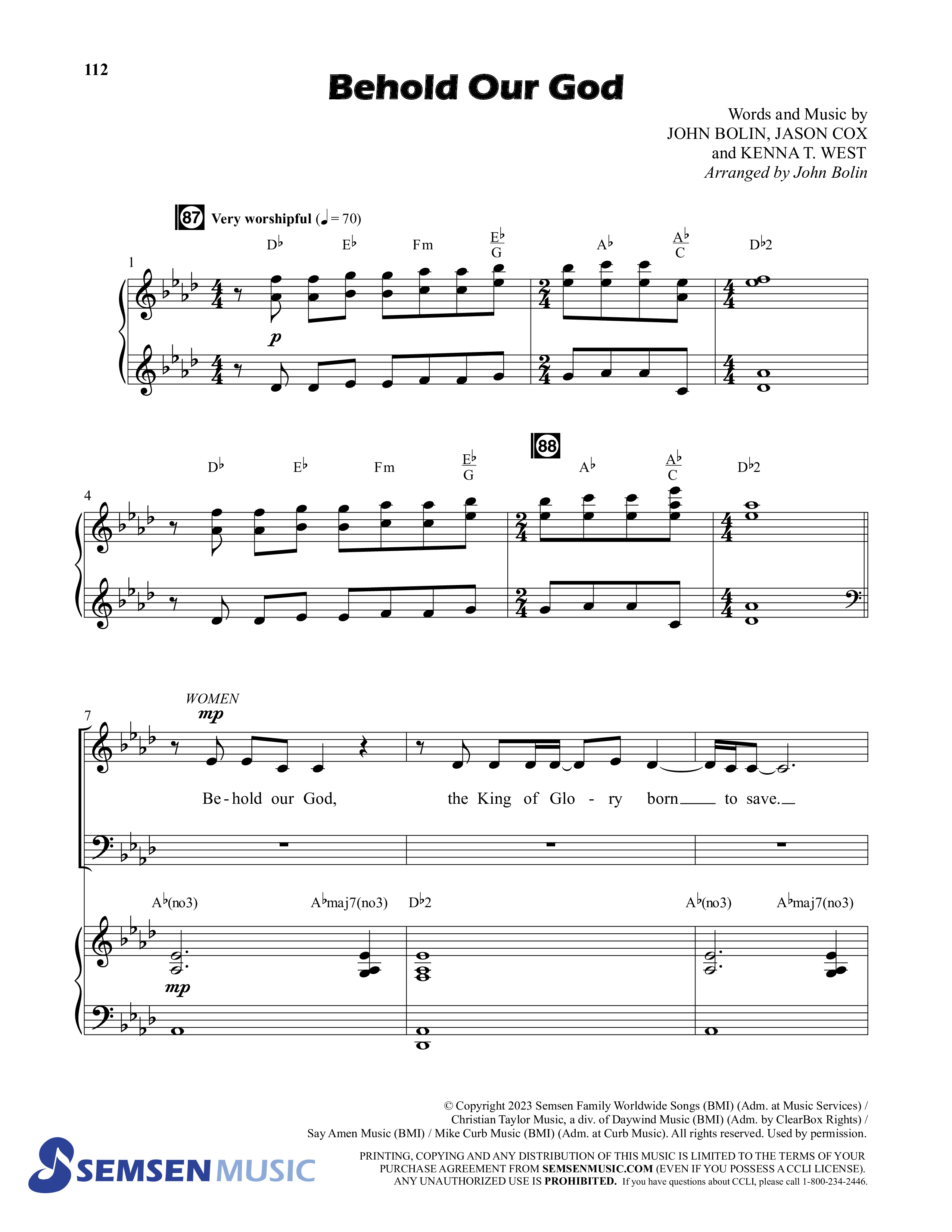 Behold (9 Song Choral Collection) Song 8 (Piano SATB) (Semsen Music / Arr. John Bolin / Orch. Cliff Duren)