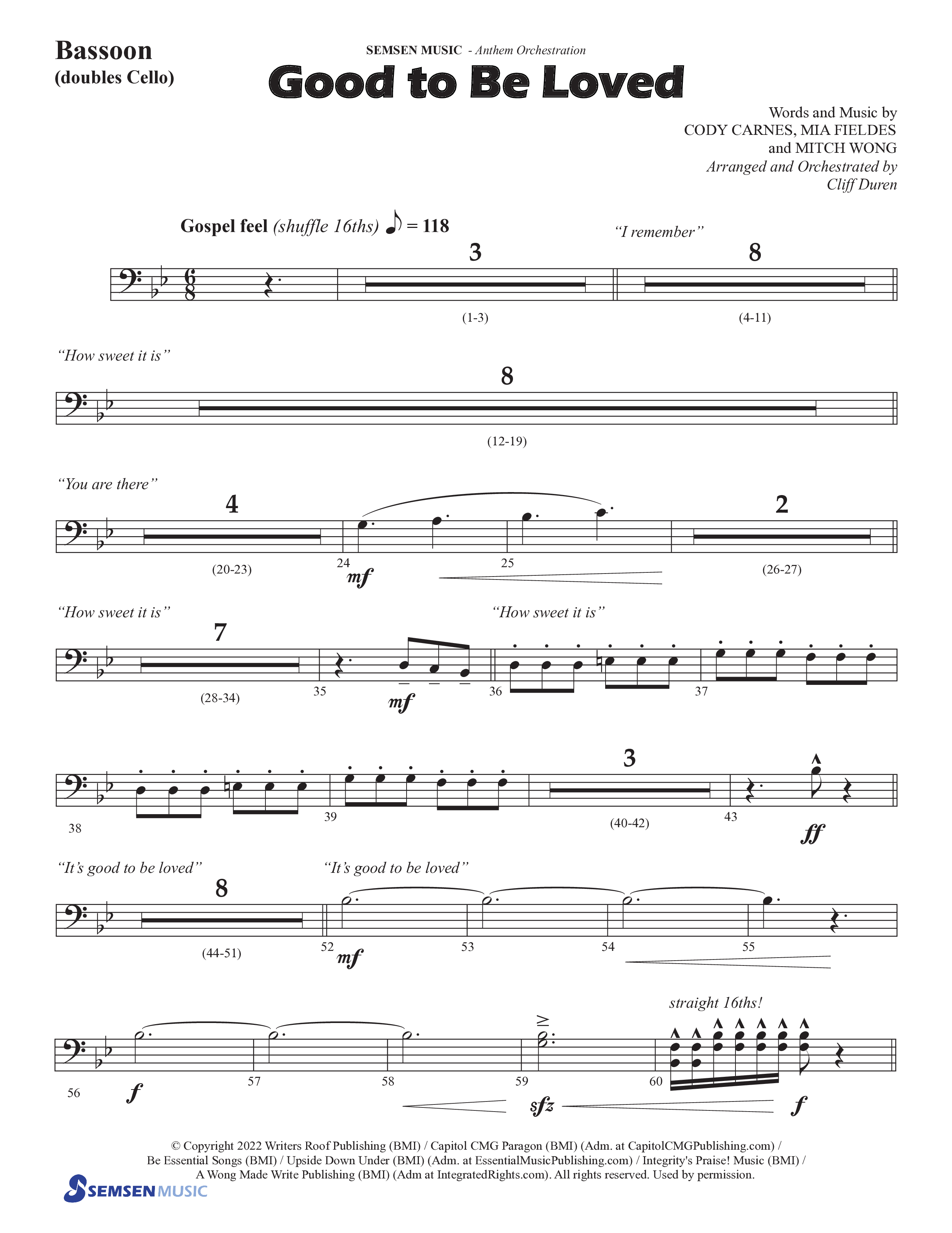 Good To Be Loved (Choral Anthem SATB) Bassoon (Semsen Music / Arr. Cliff Duren)