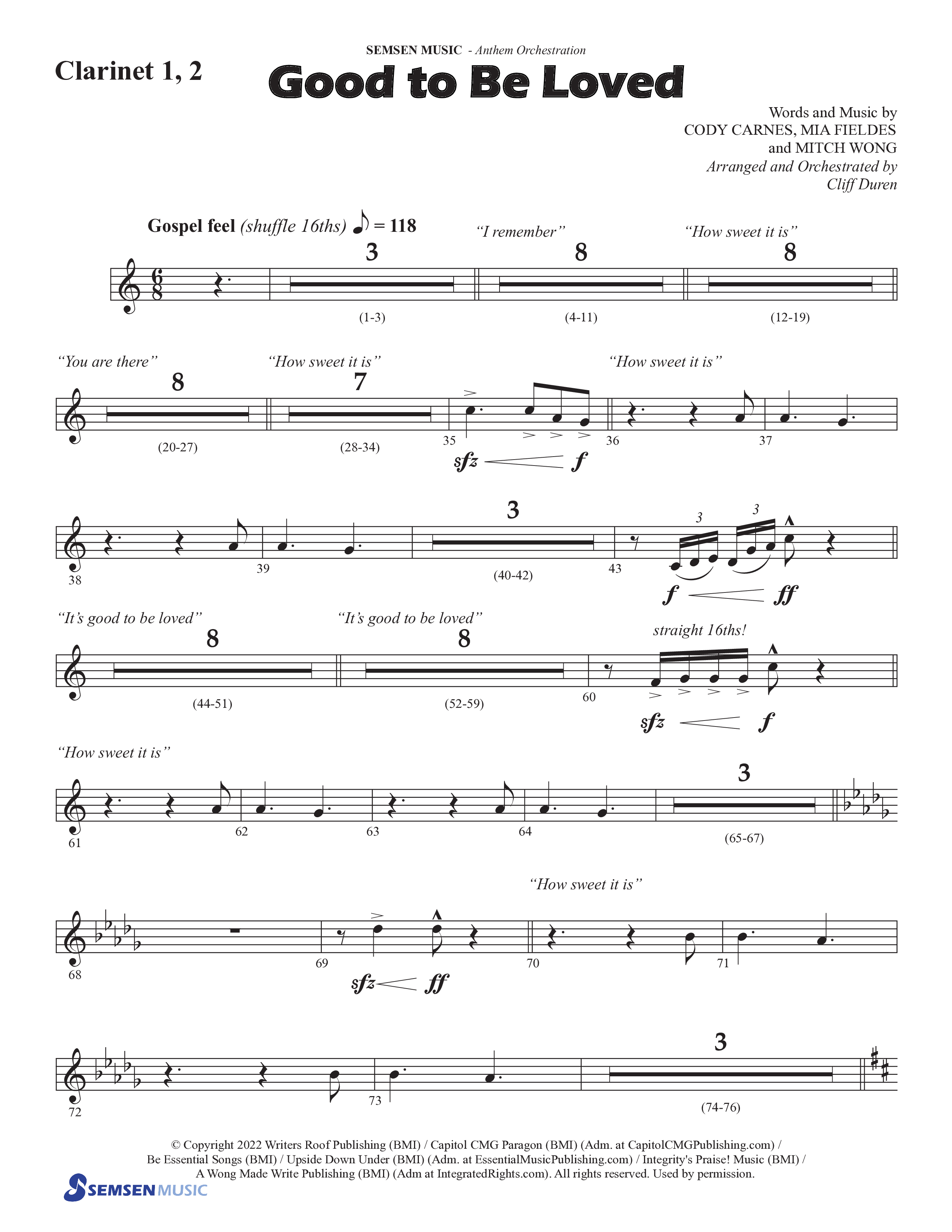 Good To Be Loved (Choral Anthem SATB) Clarinet 1/2 (Semsen Music / Arr. Cliff Duren)
