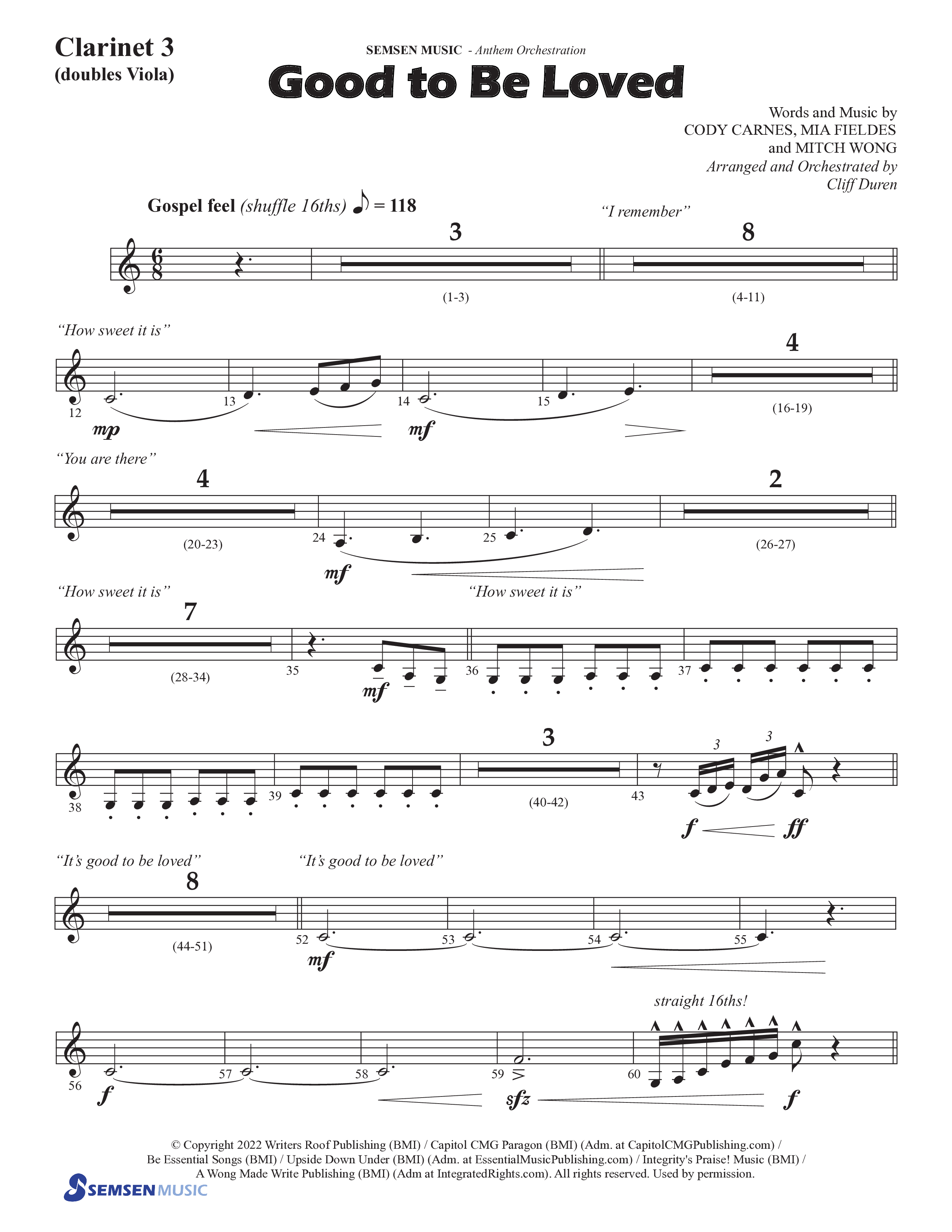 Good To Be Loved (Choral Anthem SATB) Clarinet 3 (Semsen Music / Arr. Cliff Duren)