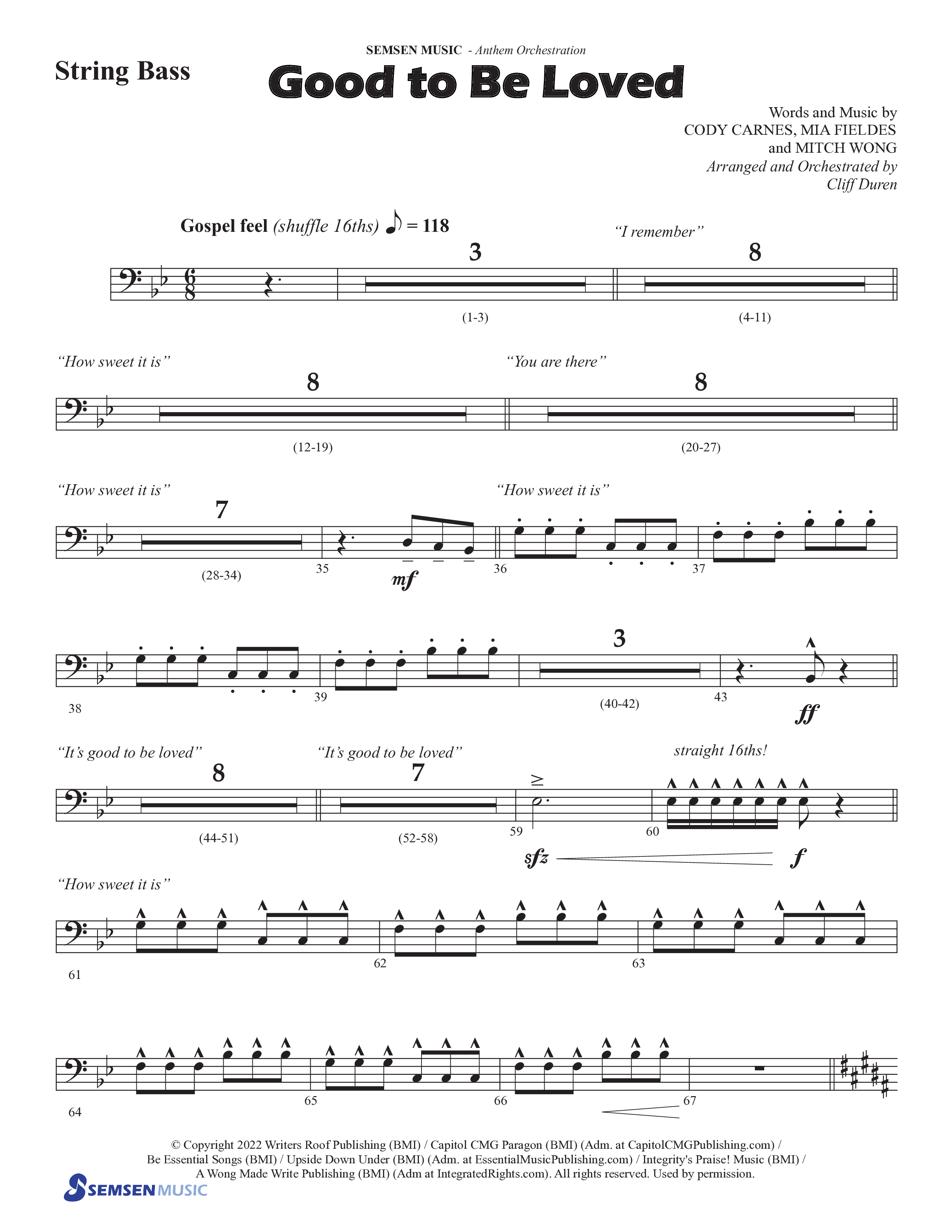 Good To Be Loved (Choral Anthem SATB) String Bass (Semsen Music / Arr. Cliff Duren)