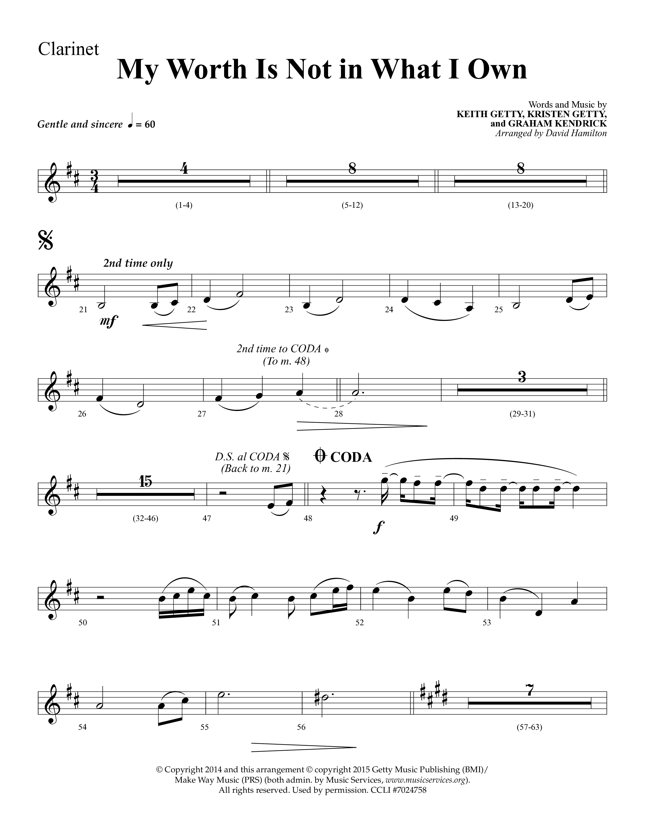 My Worth Is Not In What I Own (Choral Anthem SATB) Clarinet 1/2 (Lifeway Choral / Arr. David Hamilton)