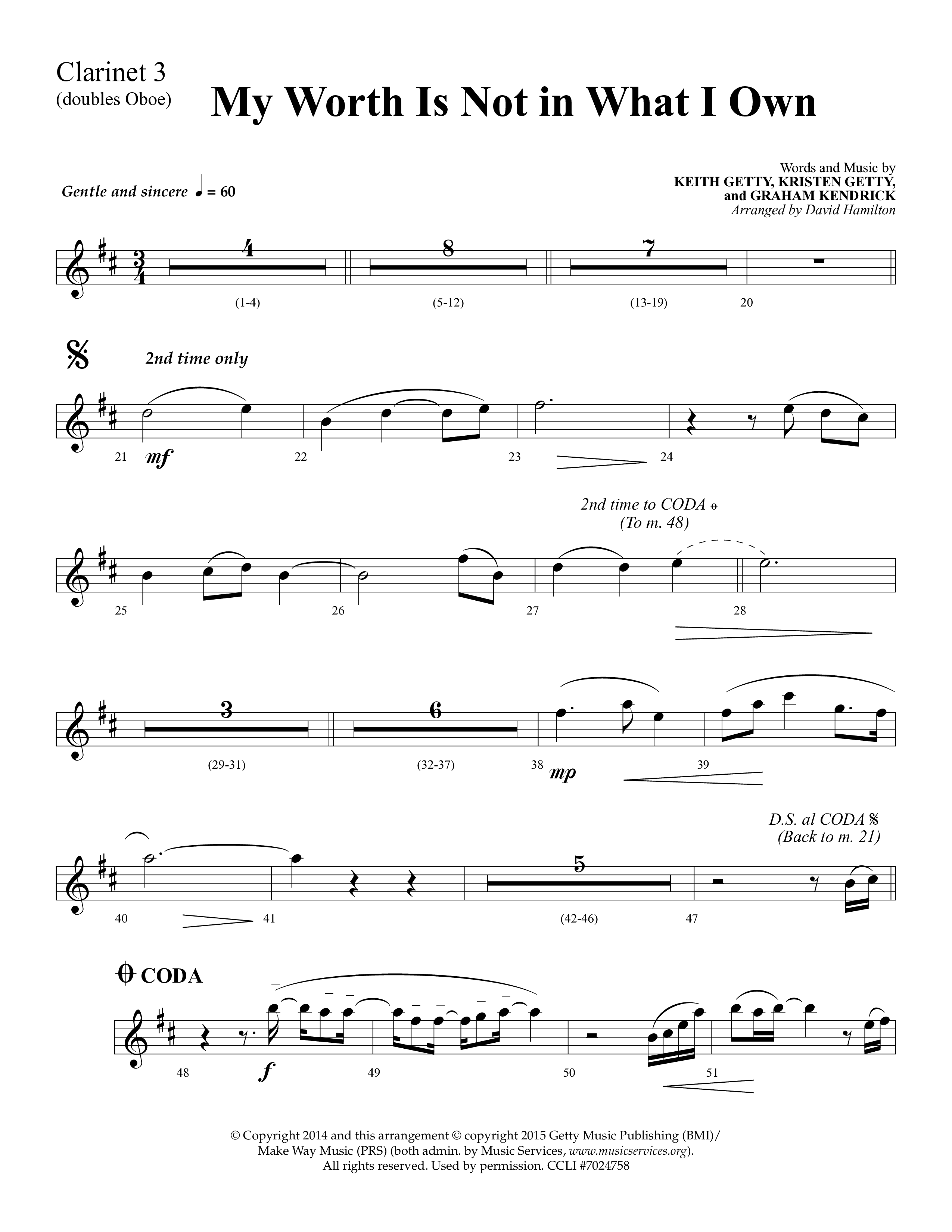 My Worth Is Not In What I Own (Choral Anthem SATB) Clarinet 3 (Lifeway Choral / Arr. David Hamilton)