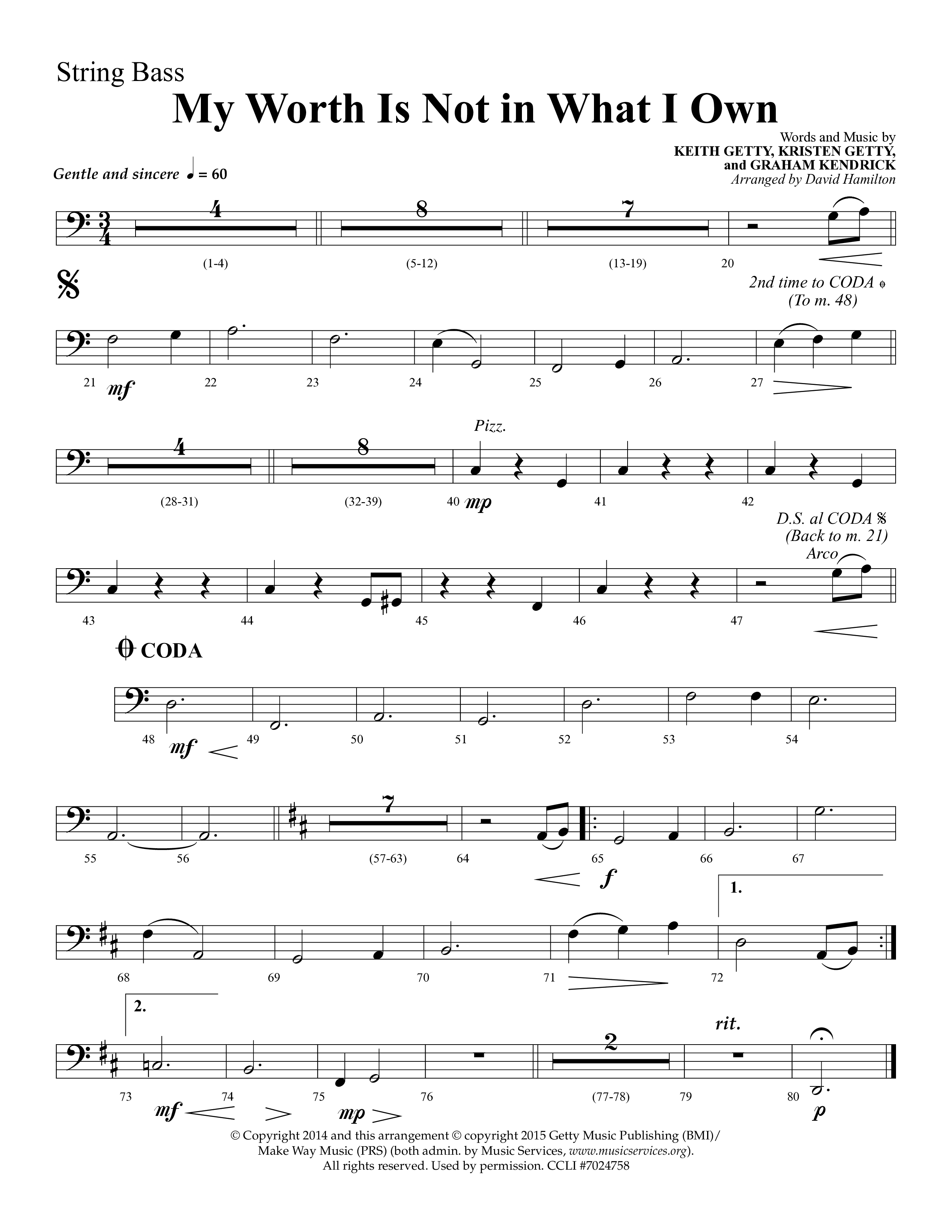 My Worth Is Not In What I Own (Choral Anthem SATB) String Bass (Lifeway Choral / Arr. David Hamilton)