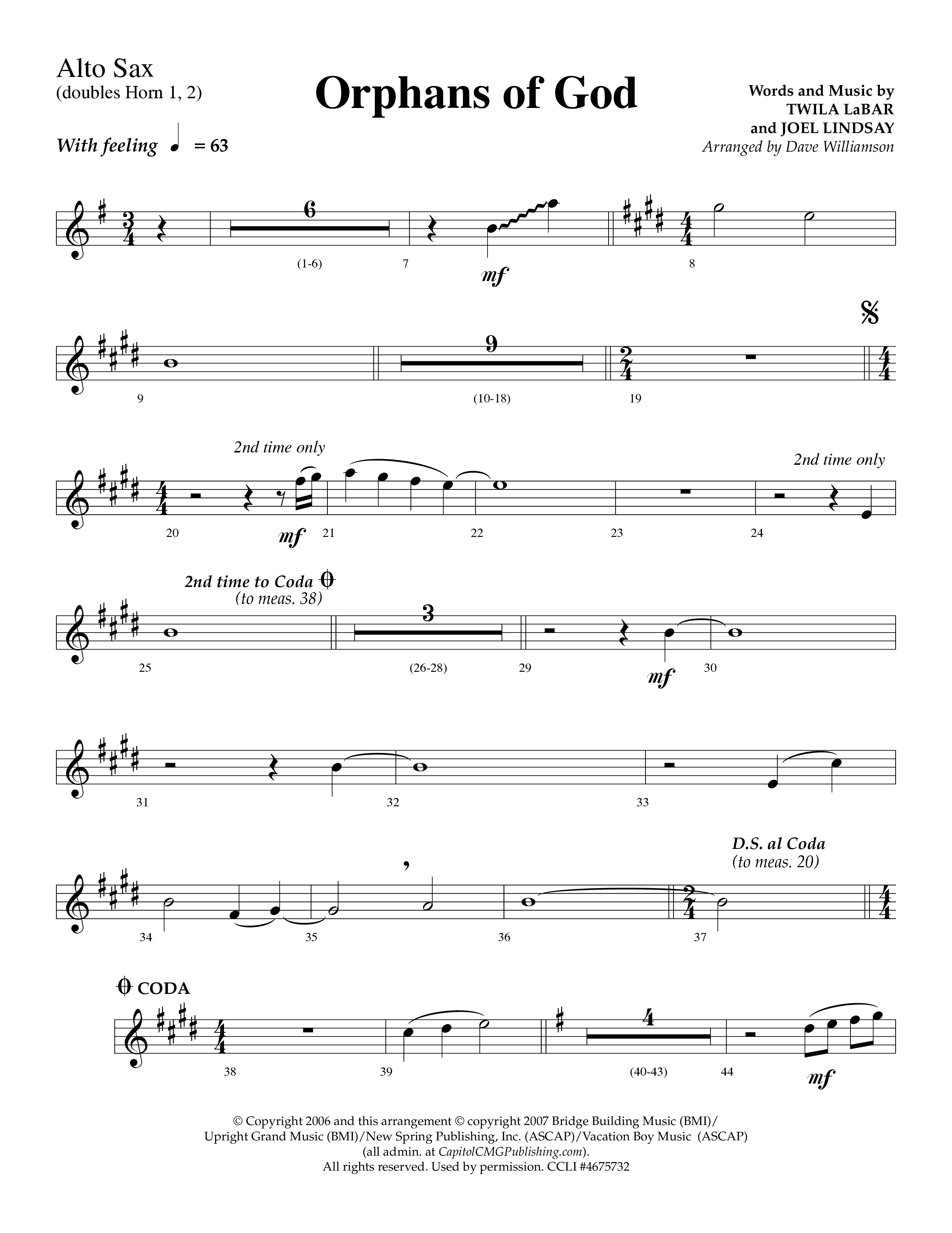 Orphans Of God (Choral Anthem SATB) Alto Sax (Lifeway Choral / Arr. Dave Williamson)