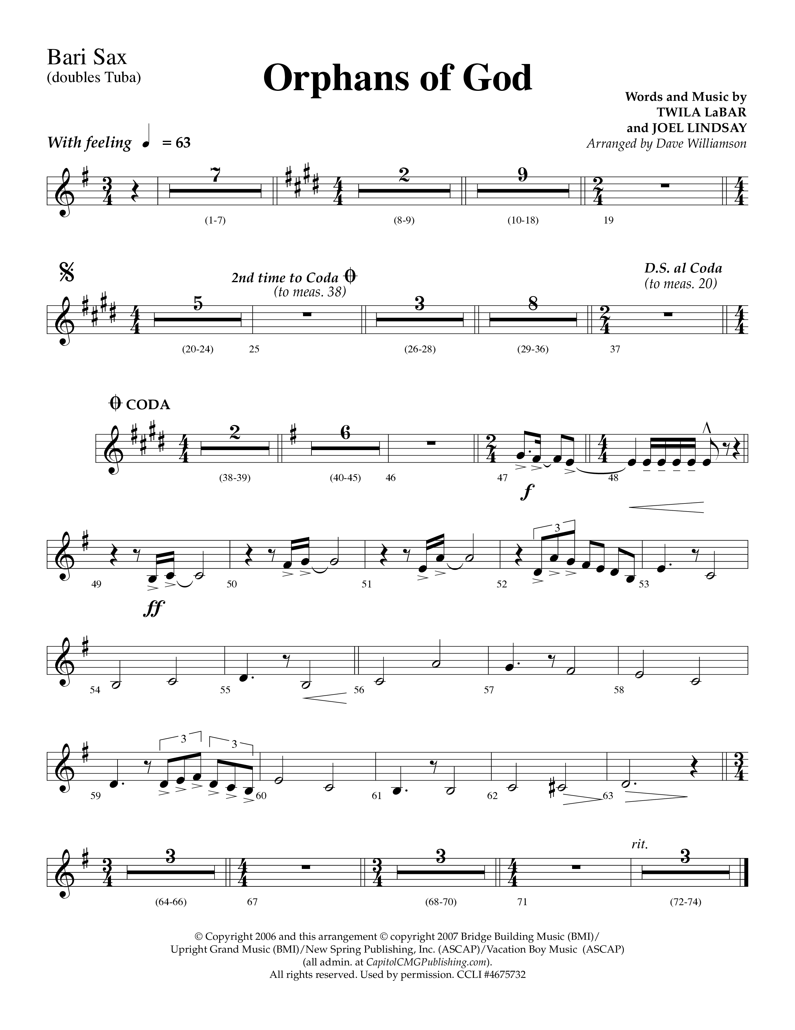 Orphans Of God (Choral Anthem SATB) Bari Sax (Lifeway Choral / Arr. Dave Williamson)