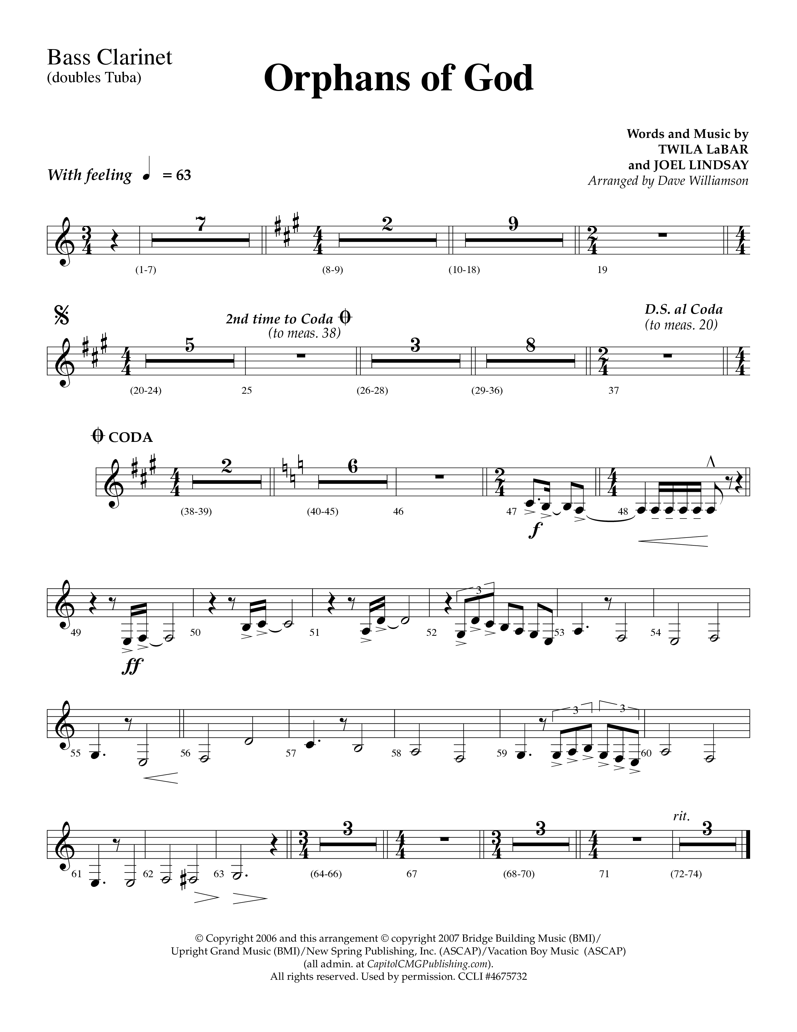 Orphans Of God (Choral Anthem SATB) Bass Clarinet (Lifeway Choral / Arr. Dave Williamson)