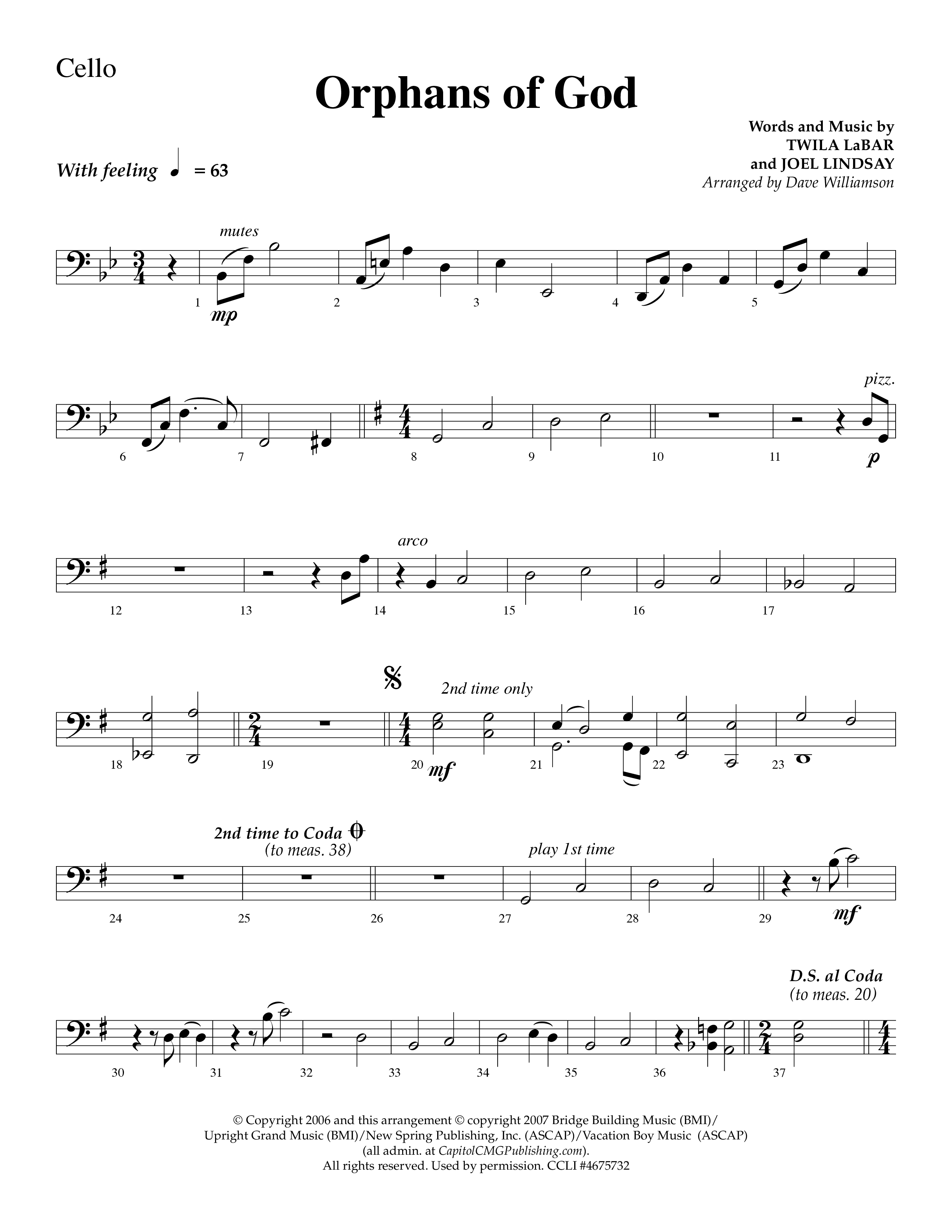Orphans Of God (Choral Anthem SATB) Cello (Lifeway Choral / Arr. Dave Williamson)