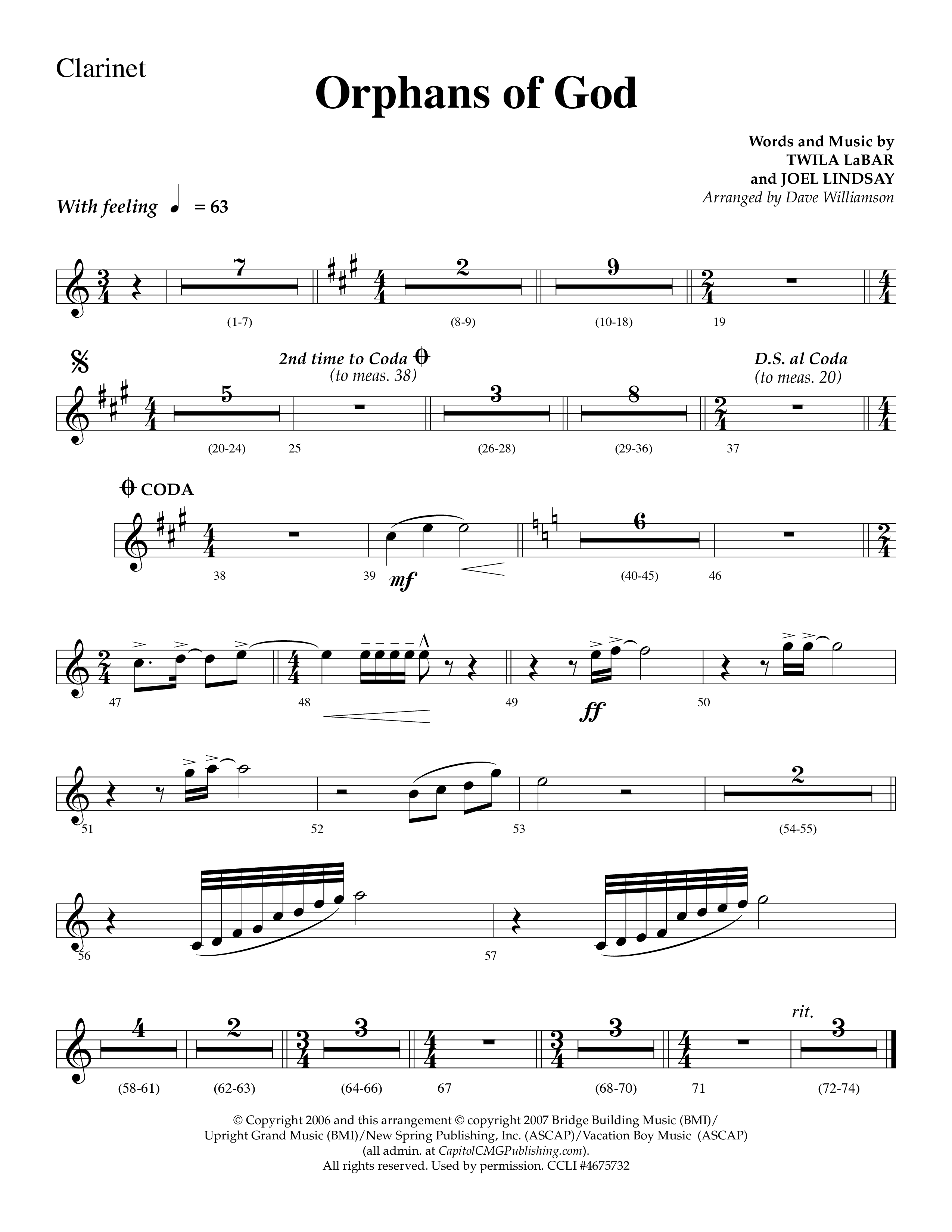 Orphans Of God (Choral Anthem SATB) Clarinet (Lifeway Choral / Arr. Dave Williamson)