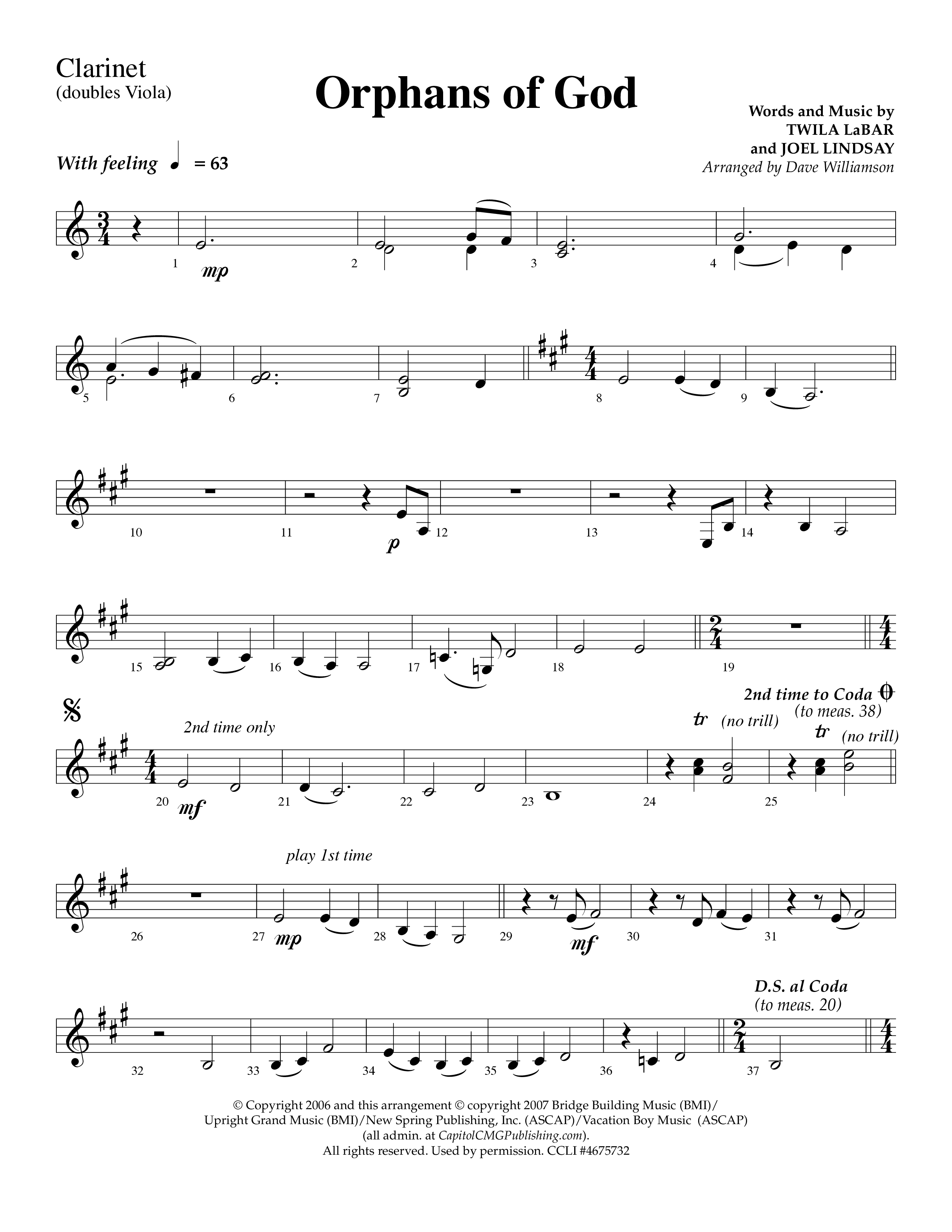 Orphans Of God (Choral Anthem SATB) Clarinet (Lifeway Choral / Arr. Dave Williamson)