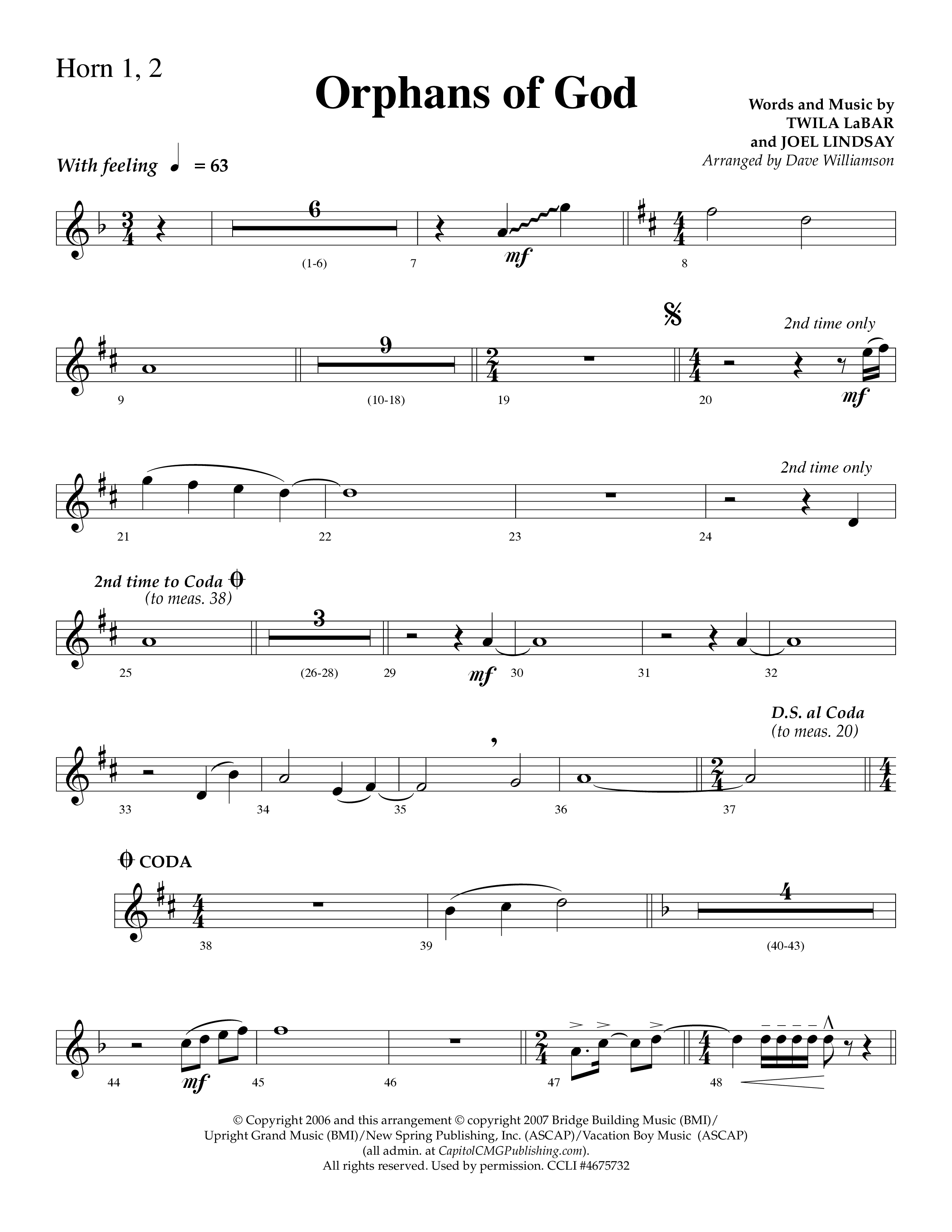 Orphans Of God (Choral Anthem SATB) French Horn 1/2 (Lifeway Choral / Arr. Dave Williamson)