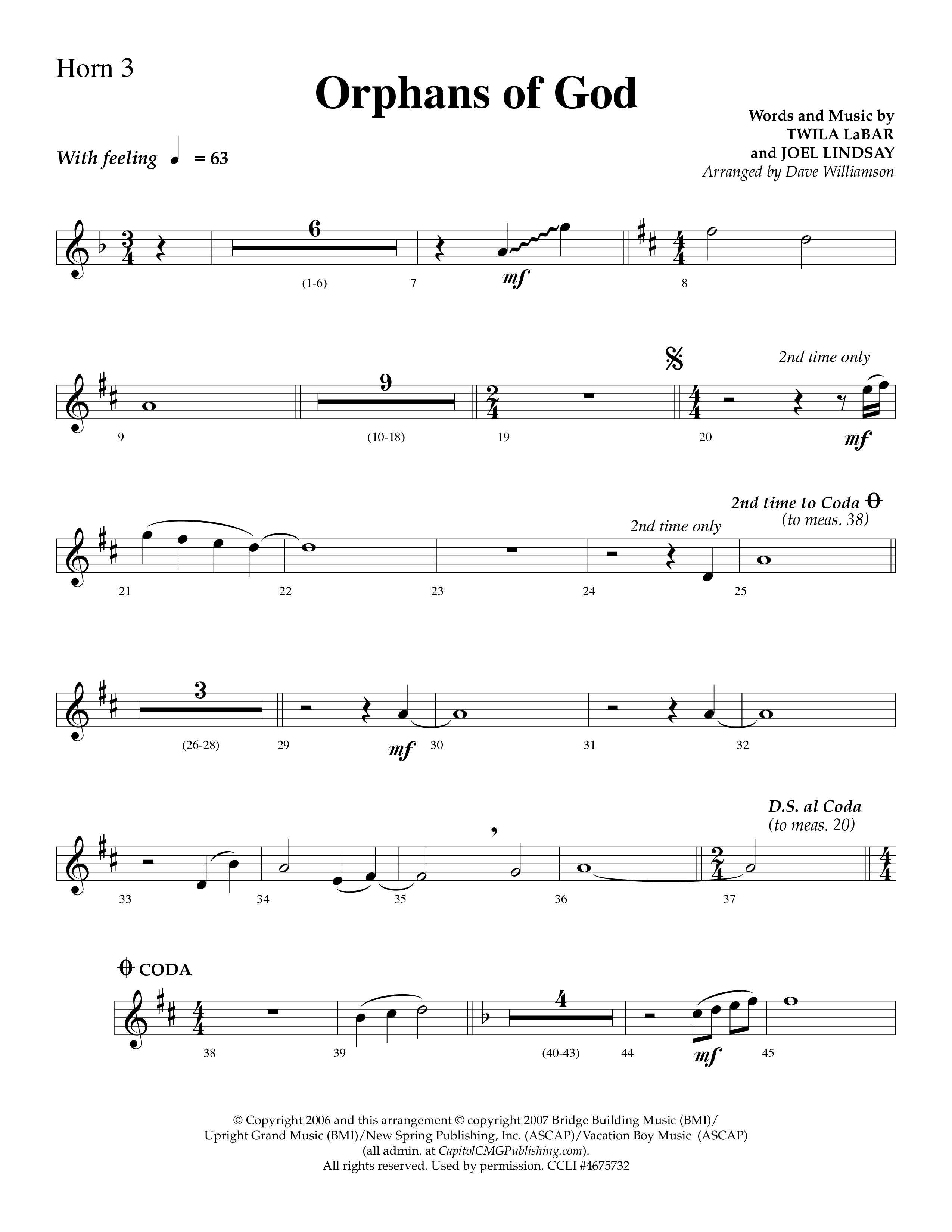 Orphans Of God (Choral Anthem SATB) French Horn 3 (Lifeway Choral / Arr. Dave Williamson)