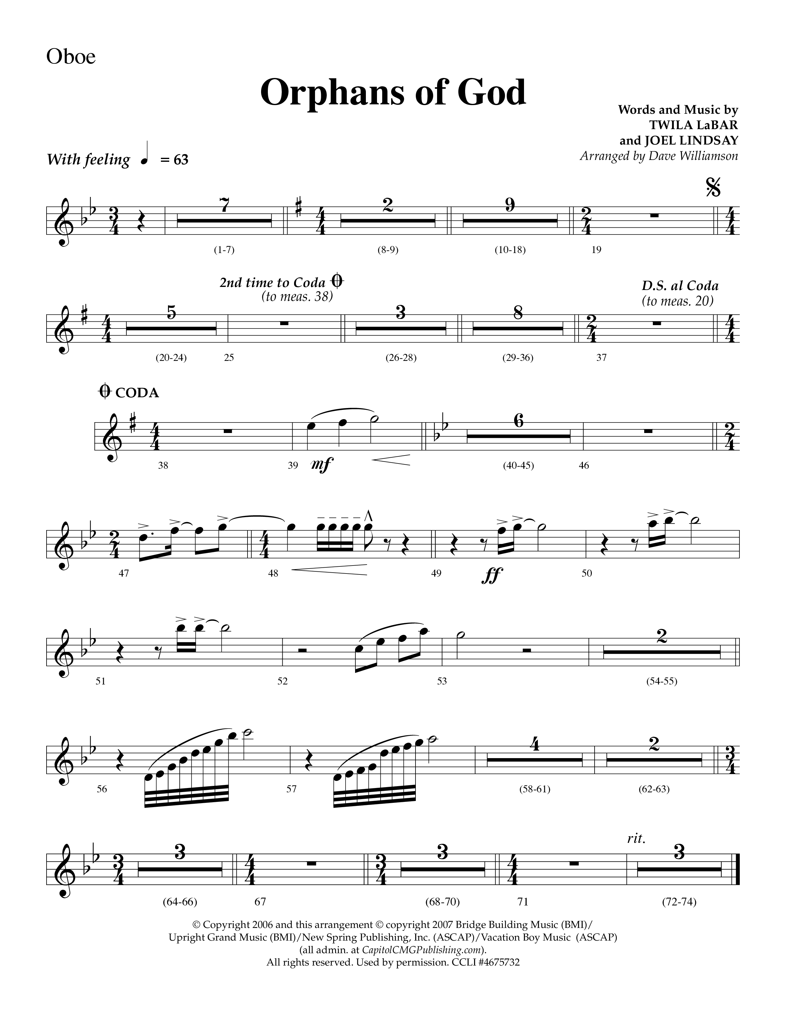 Orphans Of God (Choral Anthem SATB) Oboe (Lifeway Choral / Arr. Dave Williamson)
