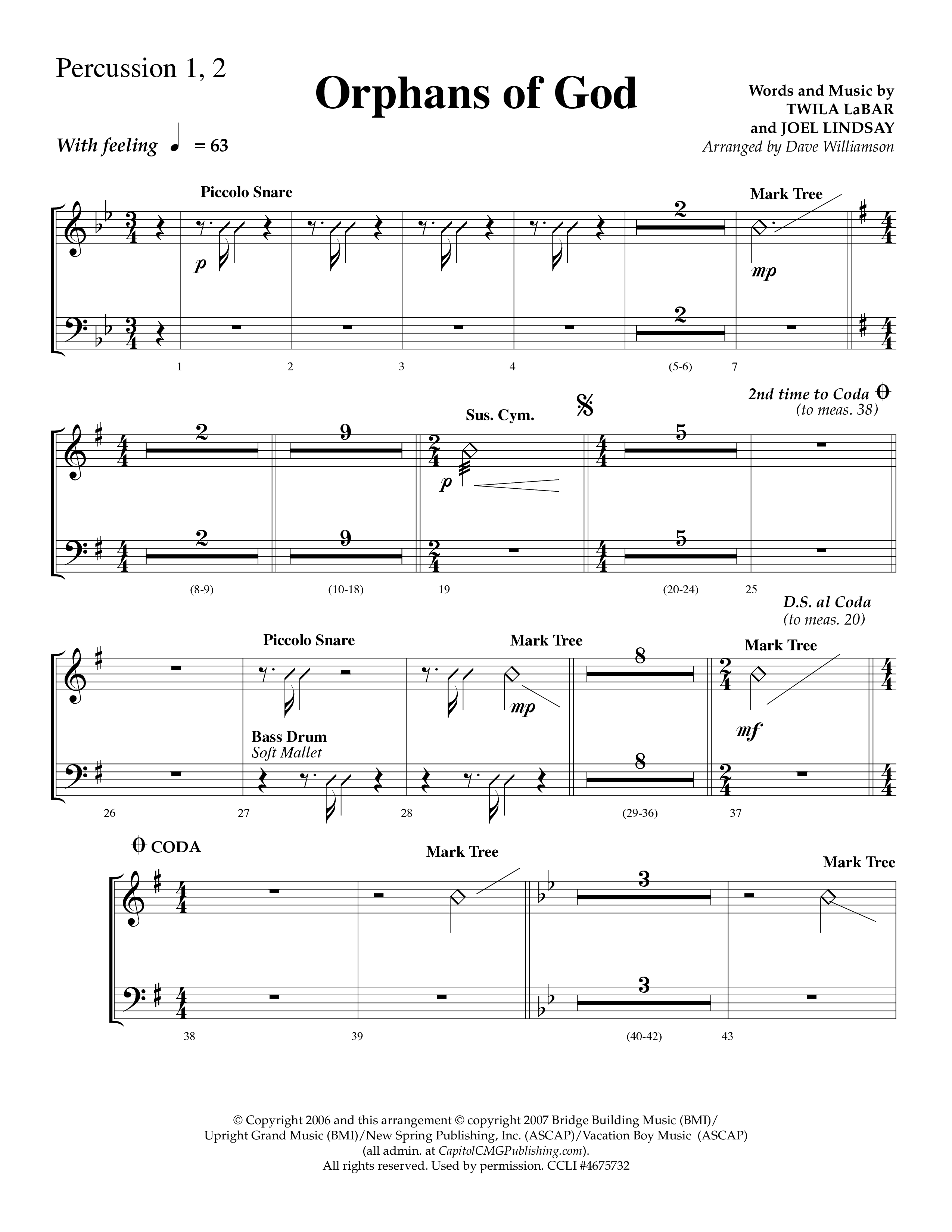 Orphans Of God (Choral Anthem SATB) Percussion 1/2 (Lifeway Choral / Arr. Dave Williamson)