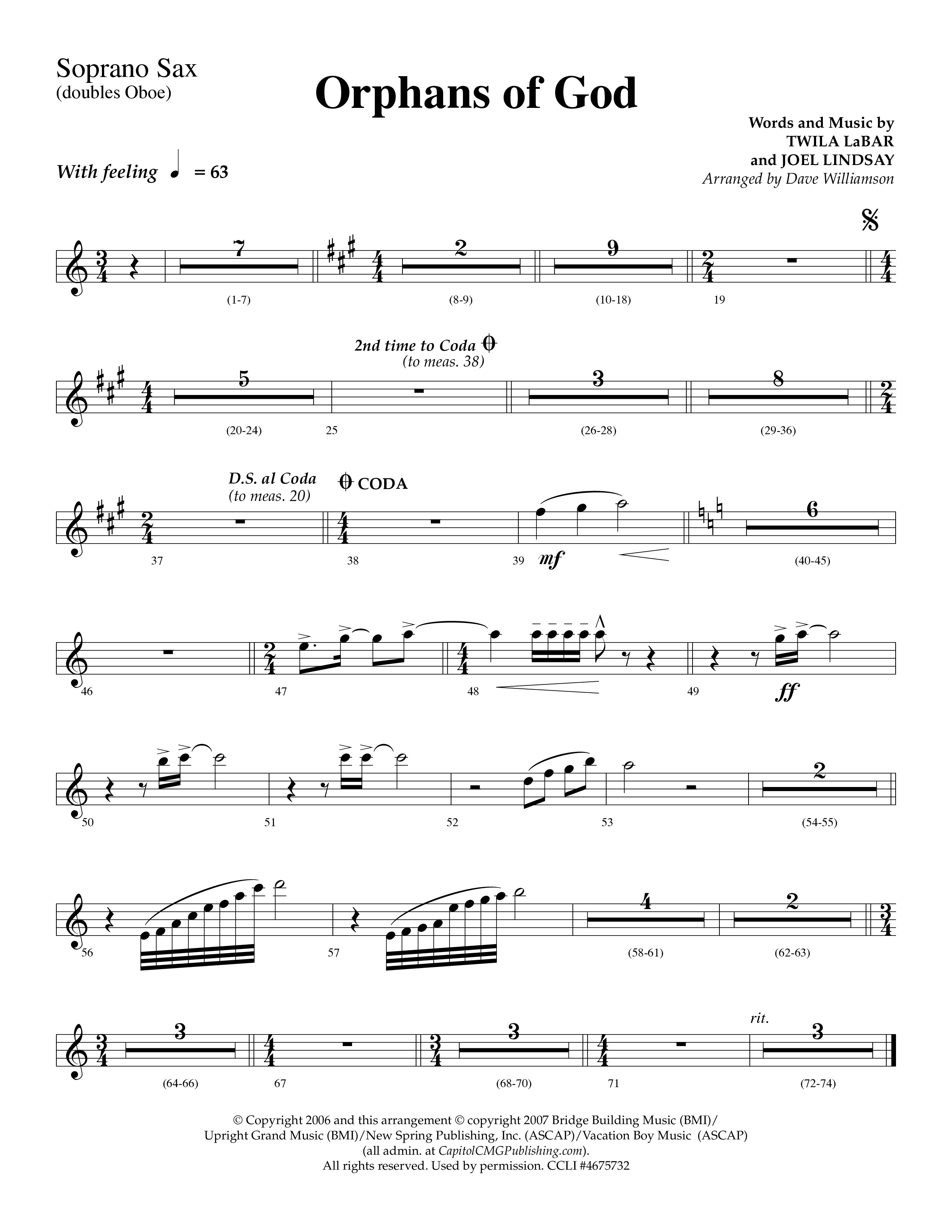 Orphans Of God (Choral Anthem SATB) Soprano Sax (Lifeway Choral / Arr. Dave Williamson)