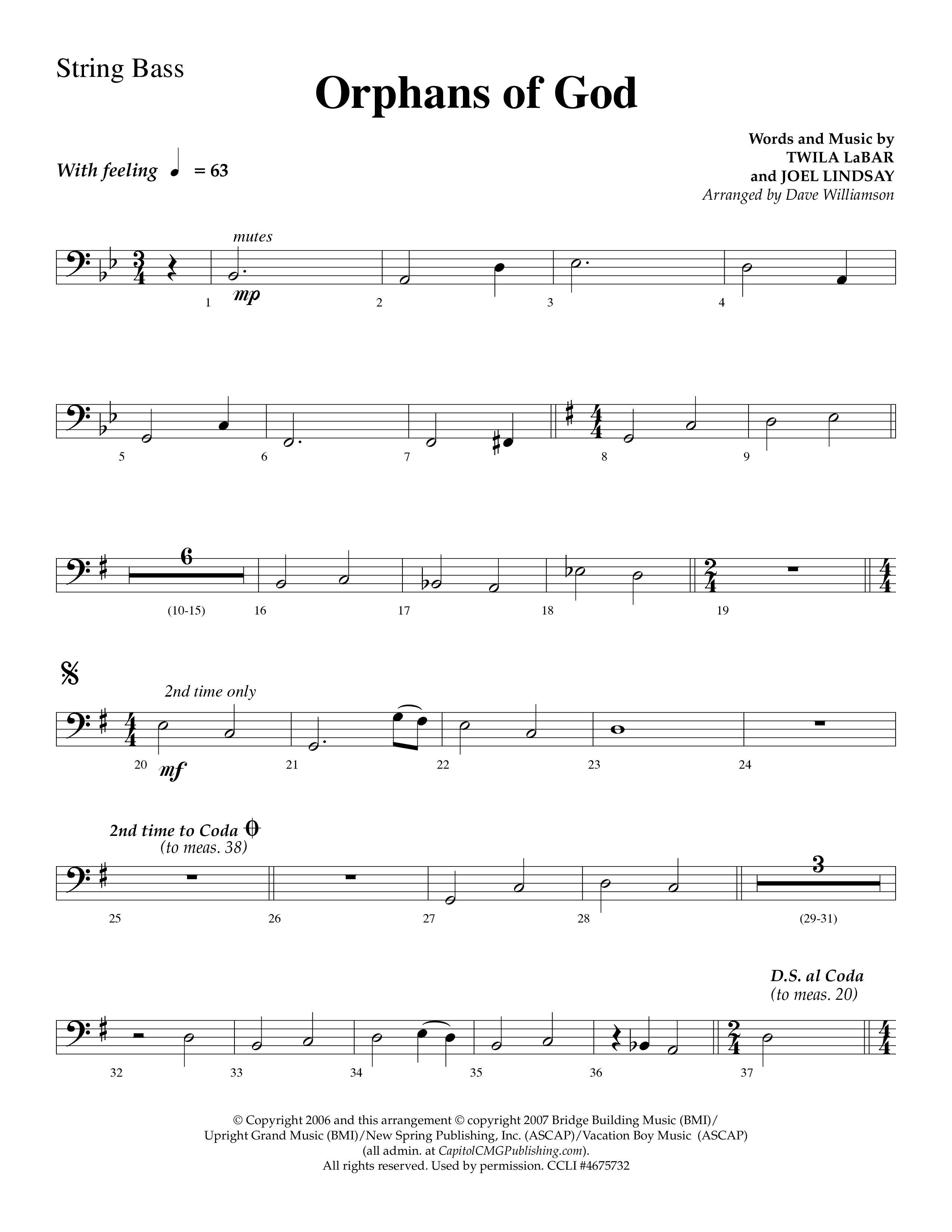 Orphans Of God (Choral Anthem SATB) String Bass (Lifeway Choral / Arr. Dave Williamson)