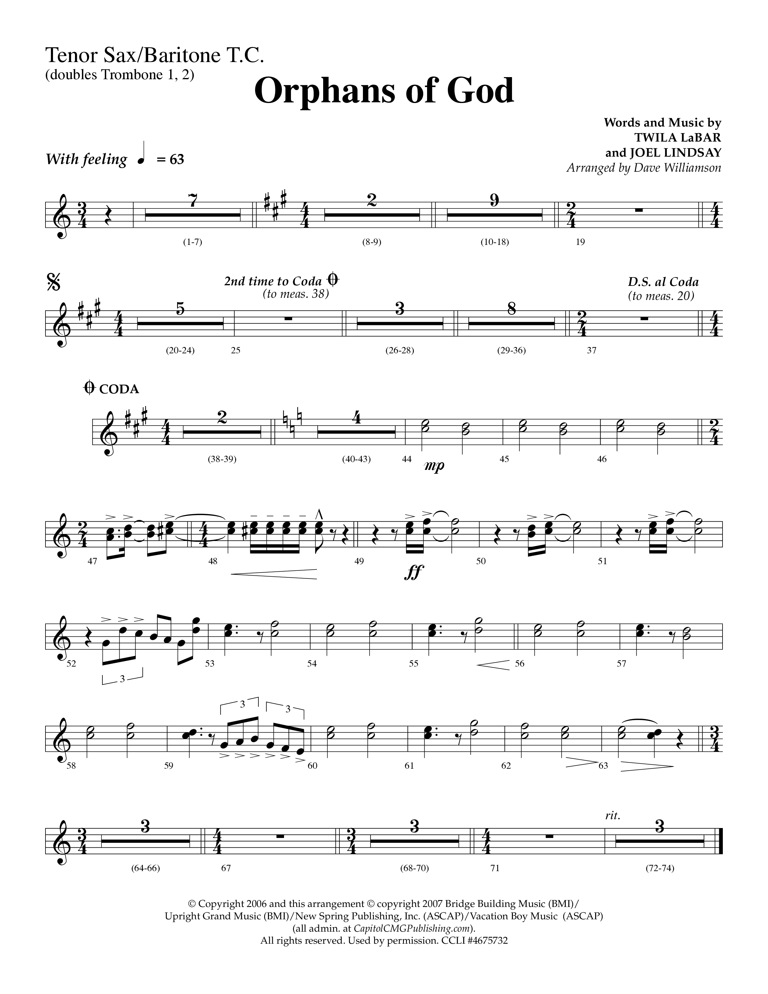 Orphans Of God (Choral Anthem SATB) Tenor Sax/Baritone T.C. (Lifeway Choral / Arr. Dave Williamson)