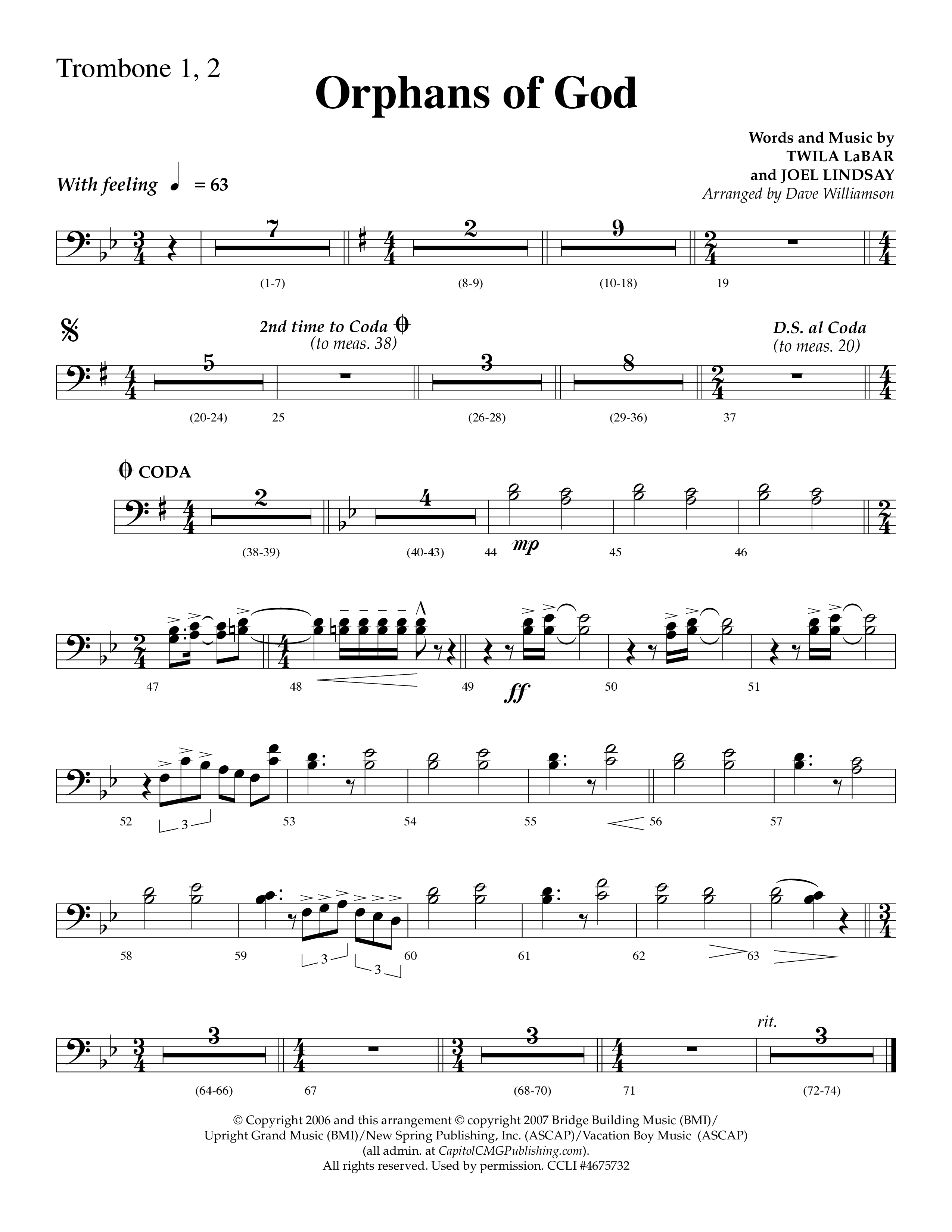 Orphans Of God (Choral Anthem SATB) Trombone 1/2 (Lifeway Choral / Arr. Dave Williamson)