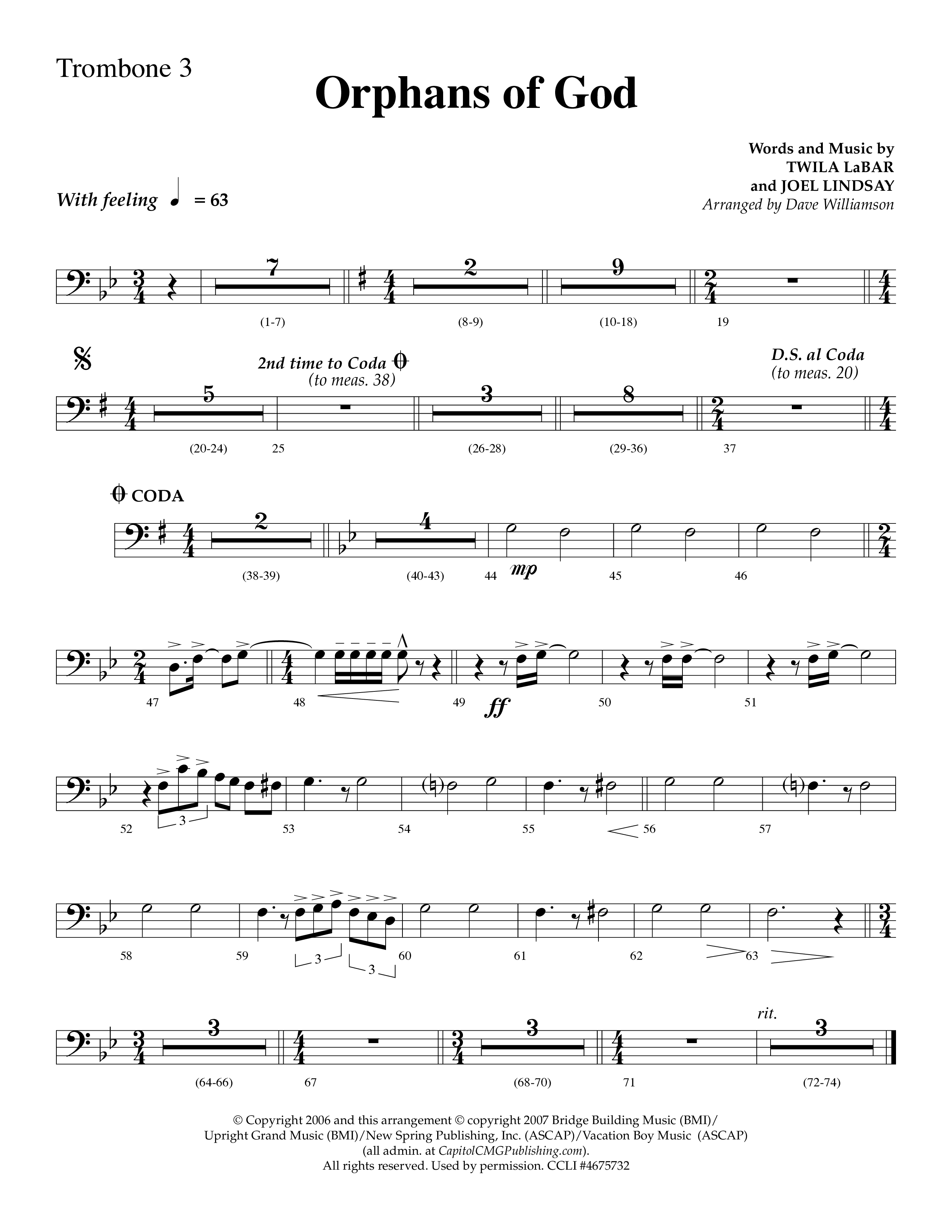Orphans Of God (Choral Anthem SATB) Trombone 3 (Lifeway Choral / Arr. Dave Williamson)