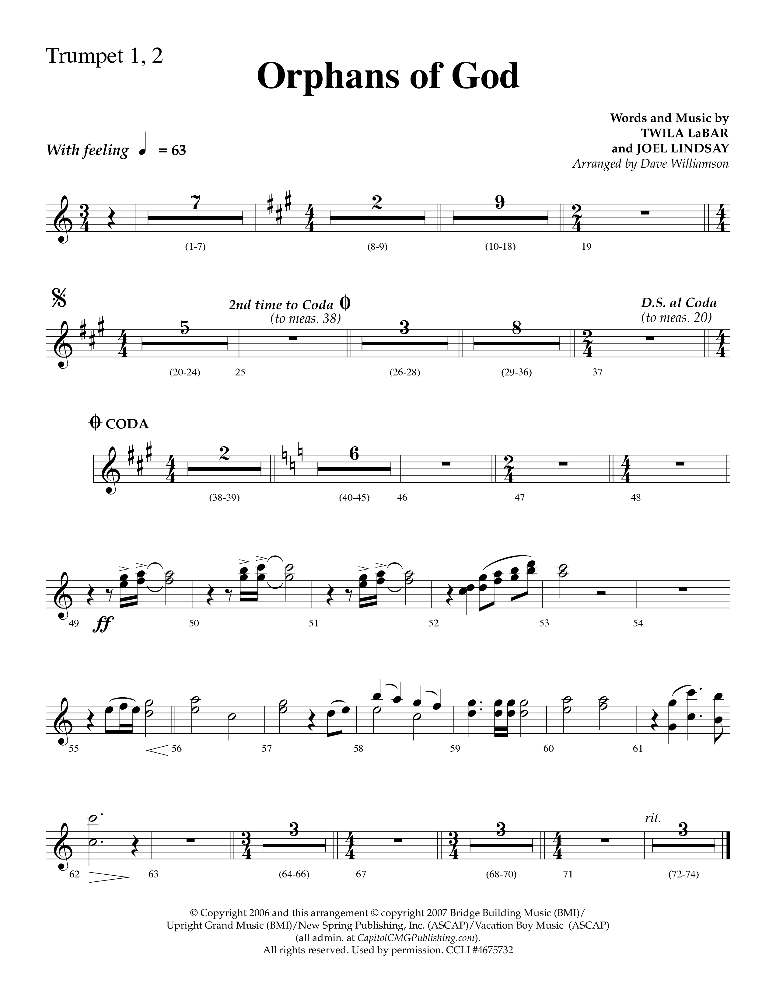 Orphans Of God (Choral Anthem SATB) Trumpet 1,2 (Lifeway Choral / Arr. Dave Williamson)