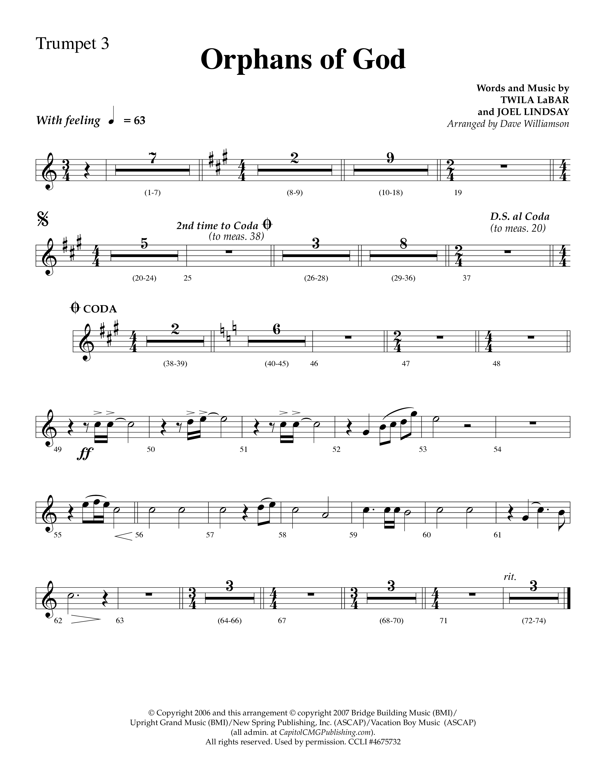 Orphans Of God (Choral Anthem SATB) Trumpet 3 (Lifeway Choral / Arr. Dave Williamson)