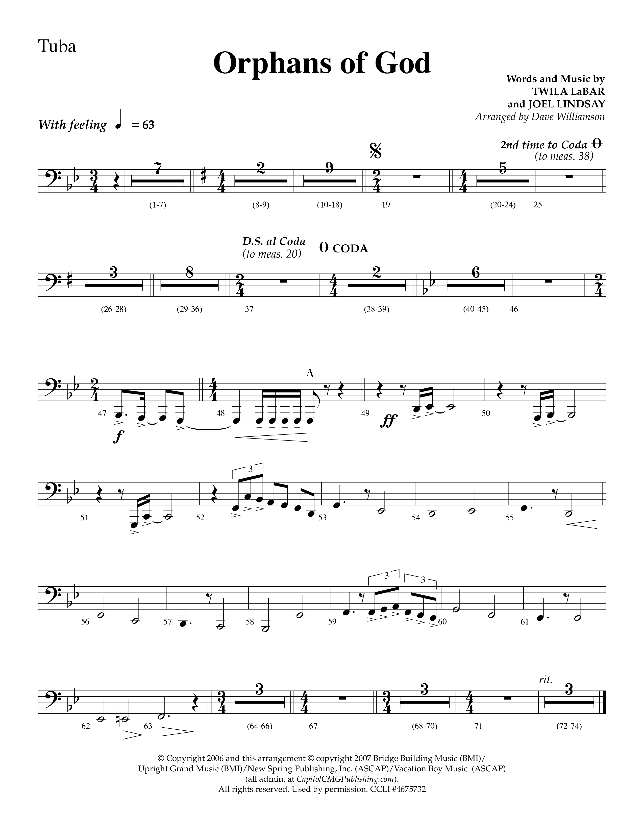 Orphans Of God (Choral Anthem SATB) Tuba (Lifeway Choral / Arr. Dave Williamson)