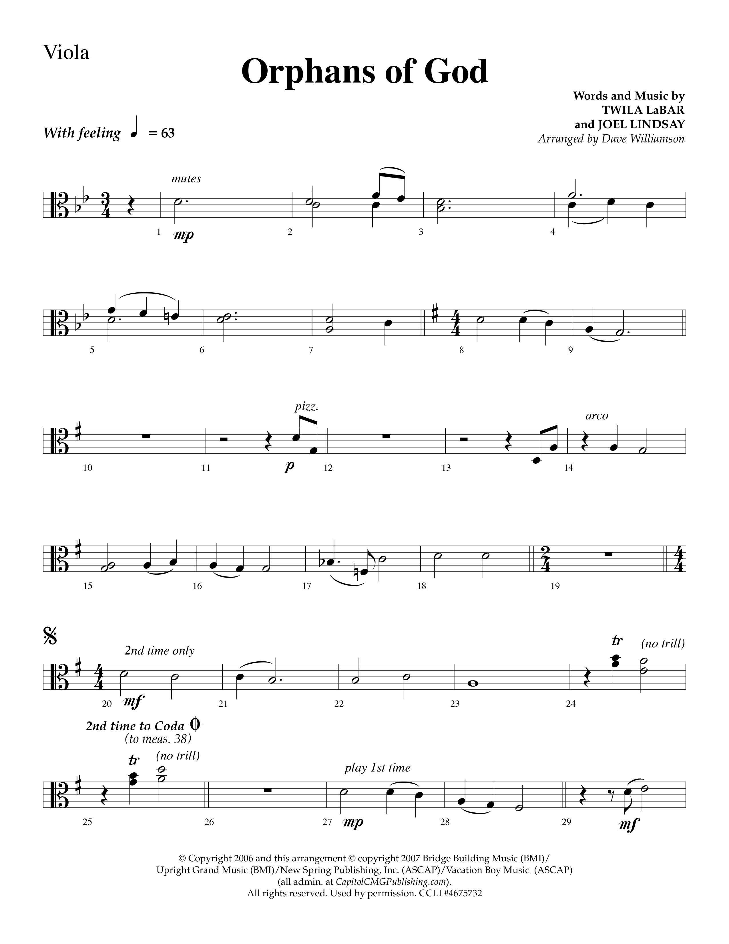 Orphans Of God (Choral Anthem SATB) Viola (Lifeway Choral / Arr. Dave Williamson)