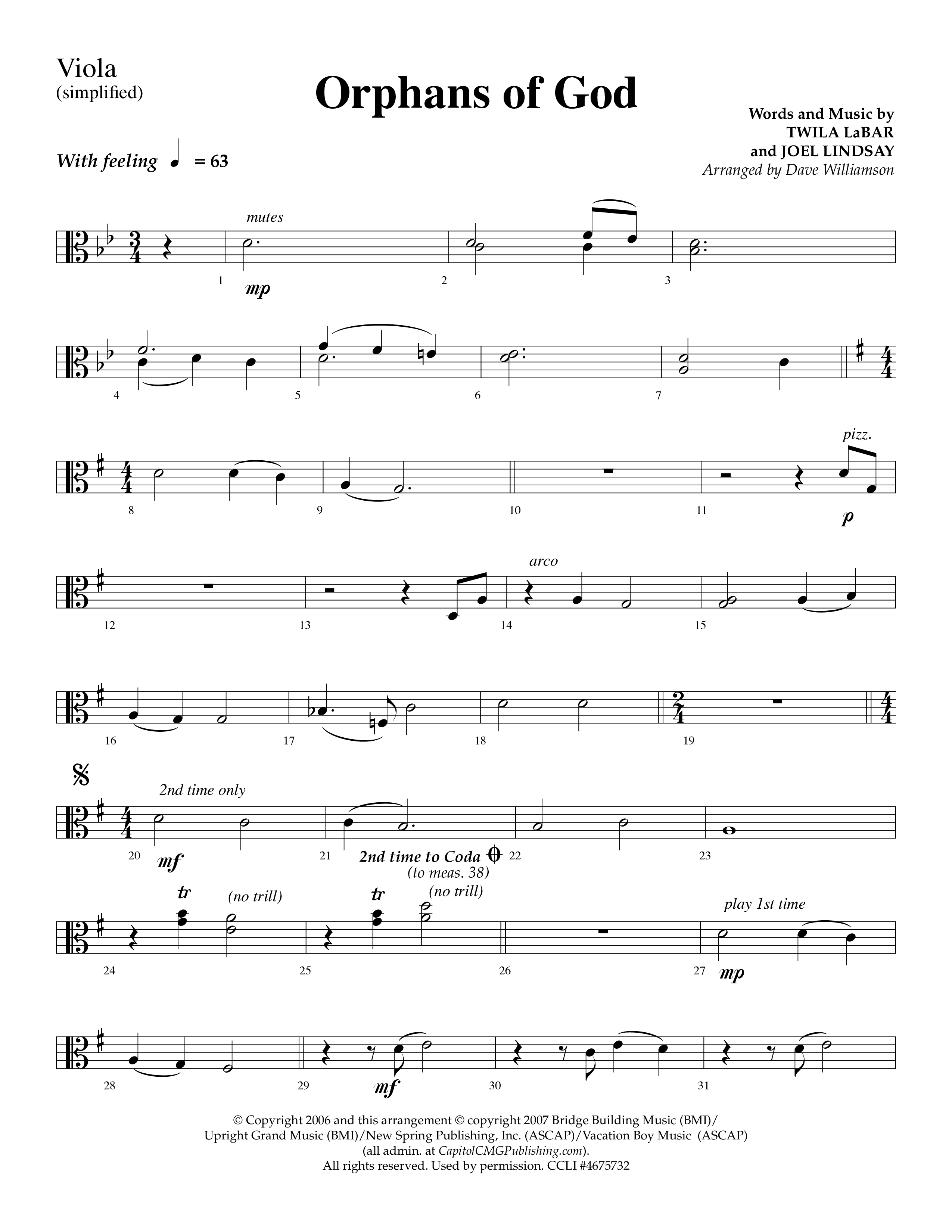 Orphans Of God (Choral Anthem SATB) Viola (Lifeway Choral / Arr. Dave Williamson)