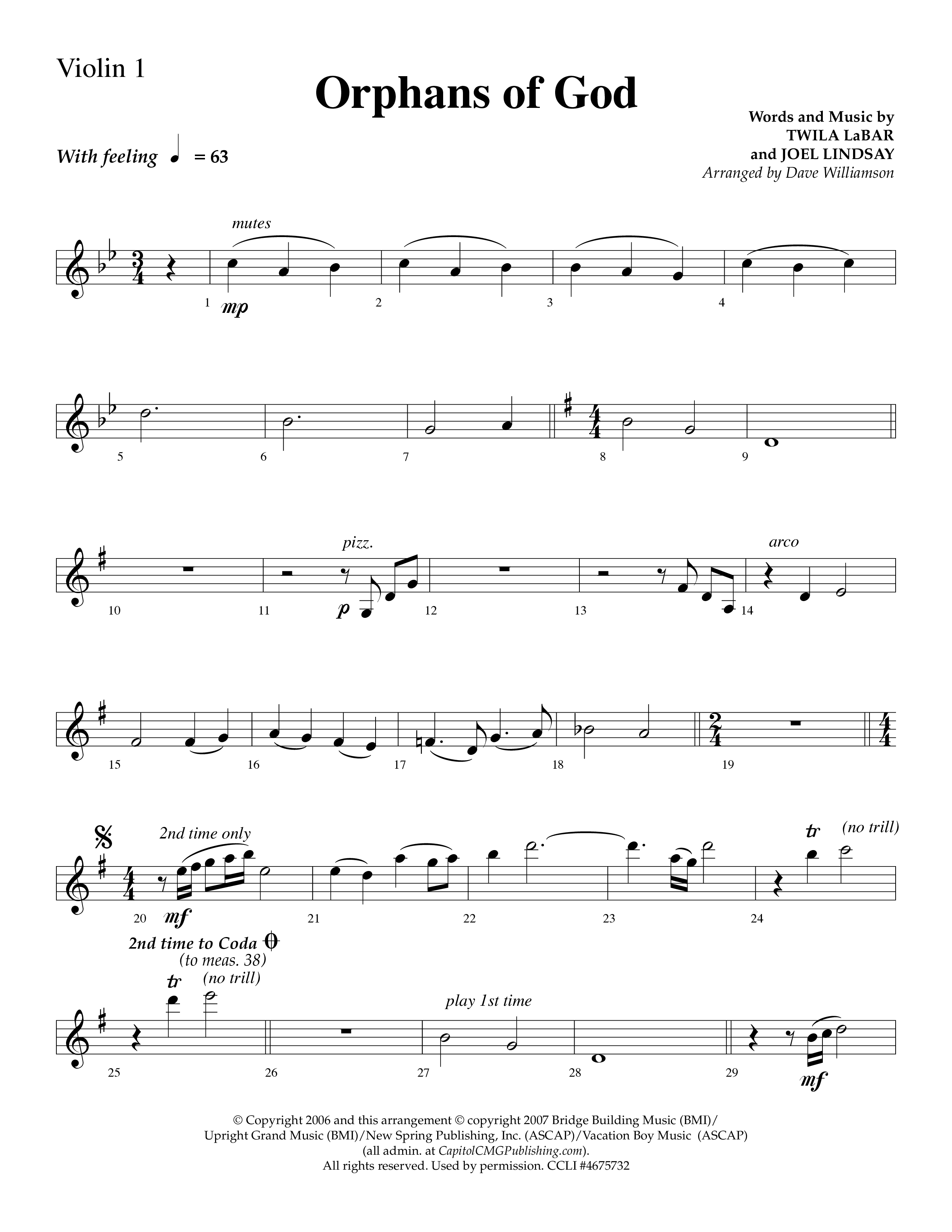 Orphans Of God (Choral Anthem SATB) Violin 1 (Lifeway Choral / Arr. Dave Williamson)