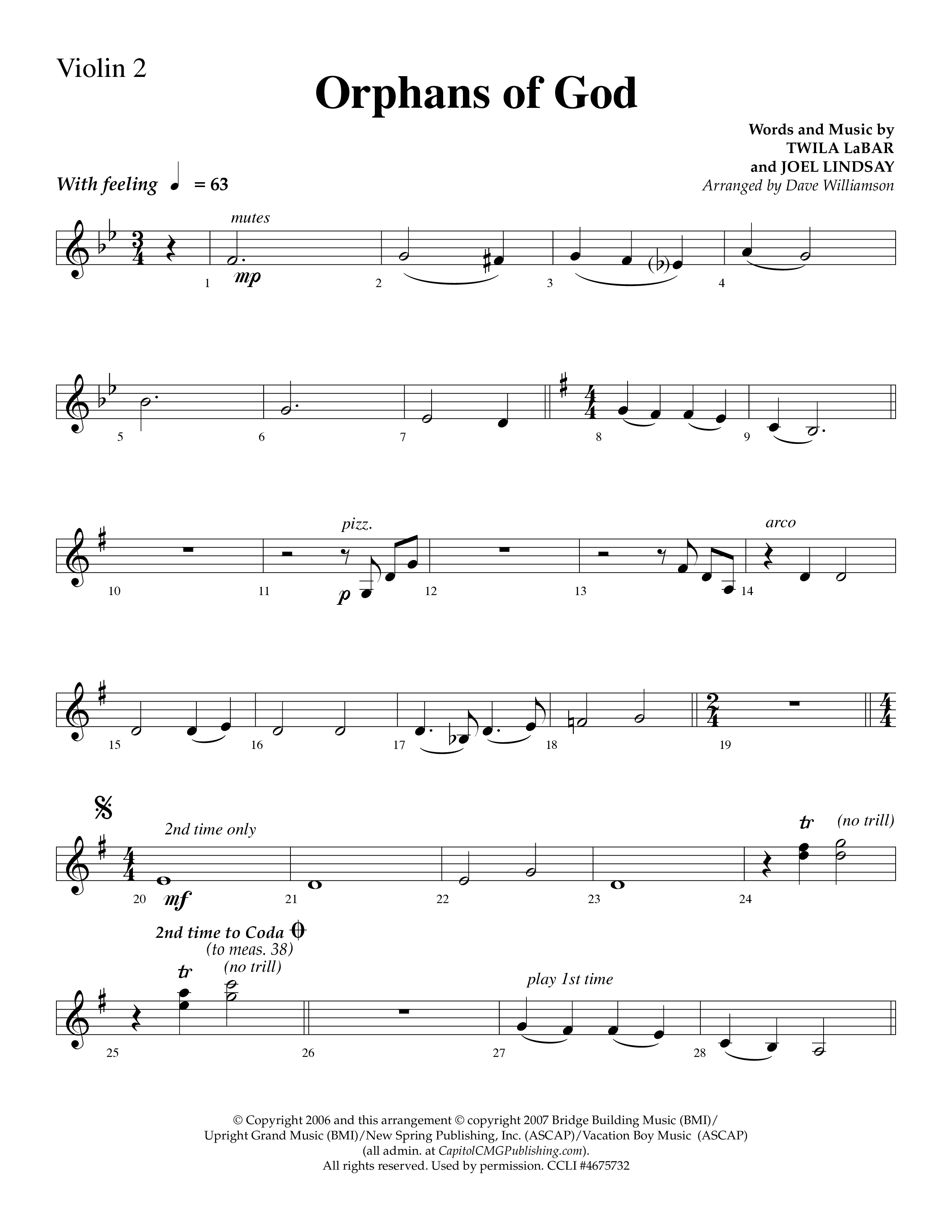 Orphans Of God (Choral Anthem SATB) Violin 2 (Lifeway Choral / Arr. Dave Williamson)